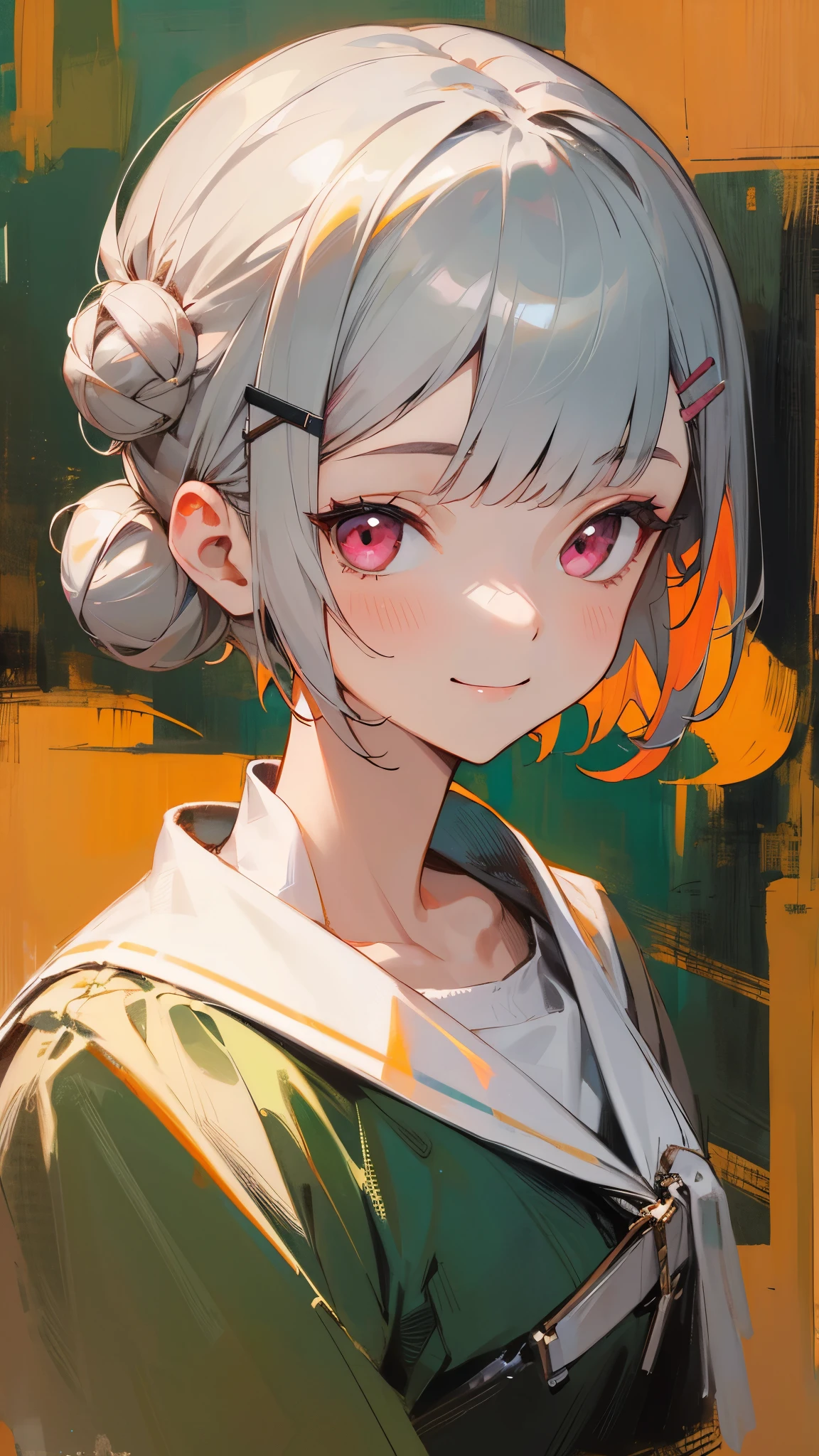 Single Portrait、girl、smile、impression、(oil)、Green and orange tones、Short silver bob hair in a bun with a hair clip、pink eyes