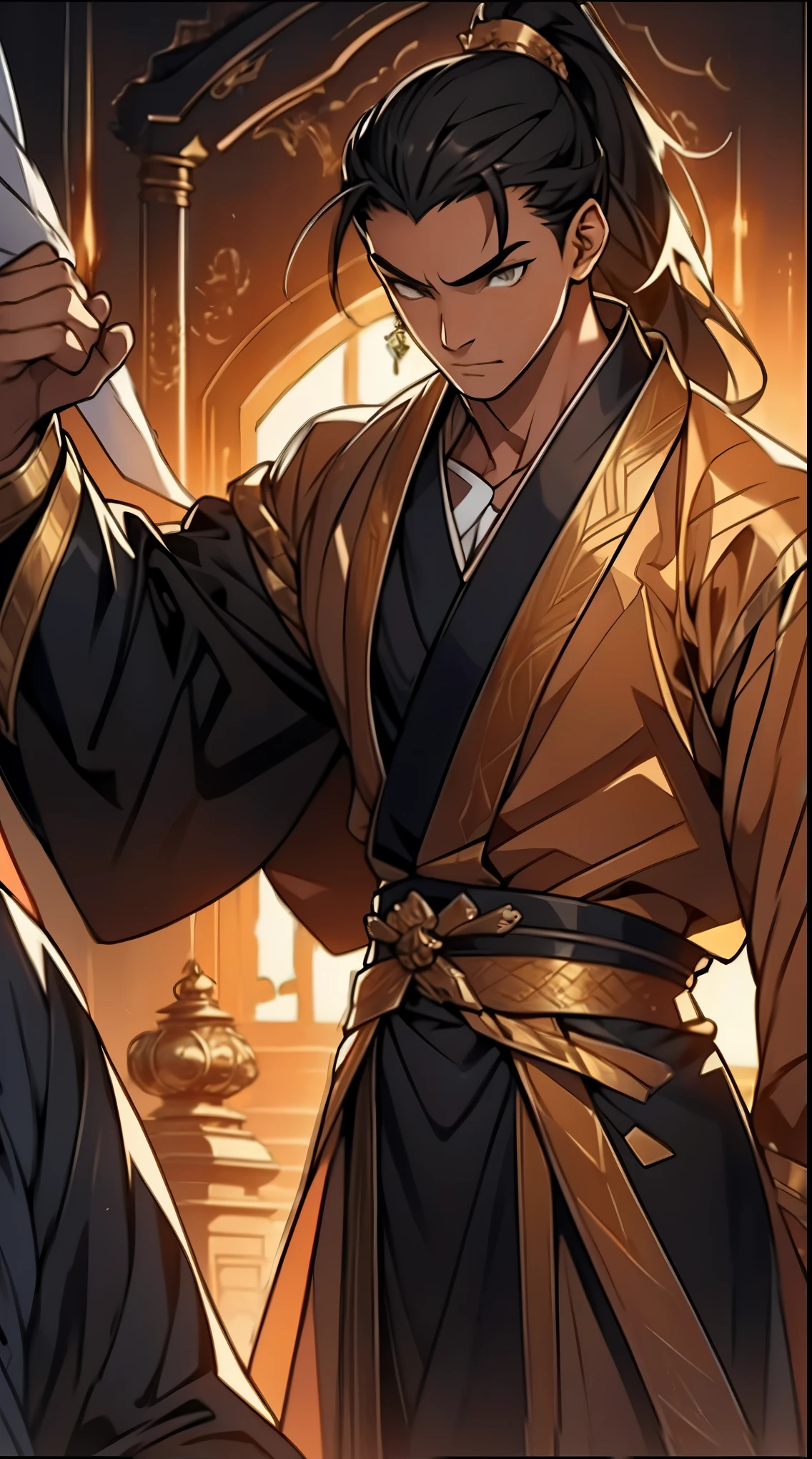 Two dimensions,anime style,one person(male warrior),proportions are correct,facial details,swordsman,high ponytail hairstyle,neck detail,Have an Adam's apple,Black and gold robe,joke,Black and gold robe,clothing details,Hand over,long sleeves,Game quality,fencing,Ray tracing,Ray tracing,Detailed glow,CG rendering,hair details,Long black and blond hair,Black-gold eyes,Handsome,Handsome,(Youthful feeling),Costumes are complicated,Perfect composition,refine,high quality,higher details,many details,Complex background,a sense of atmosphere,