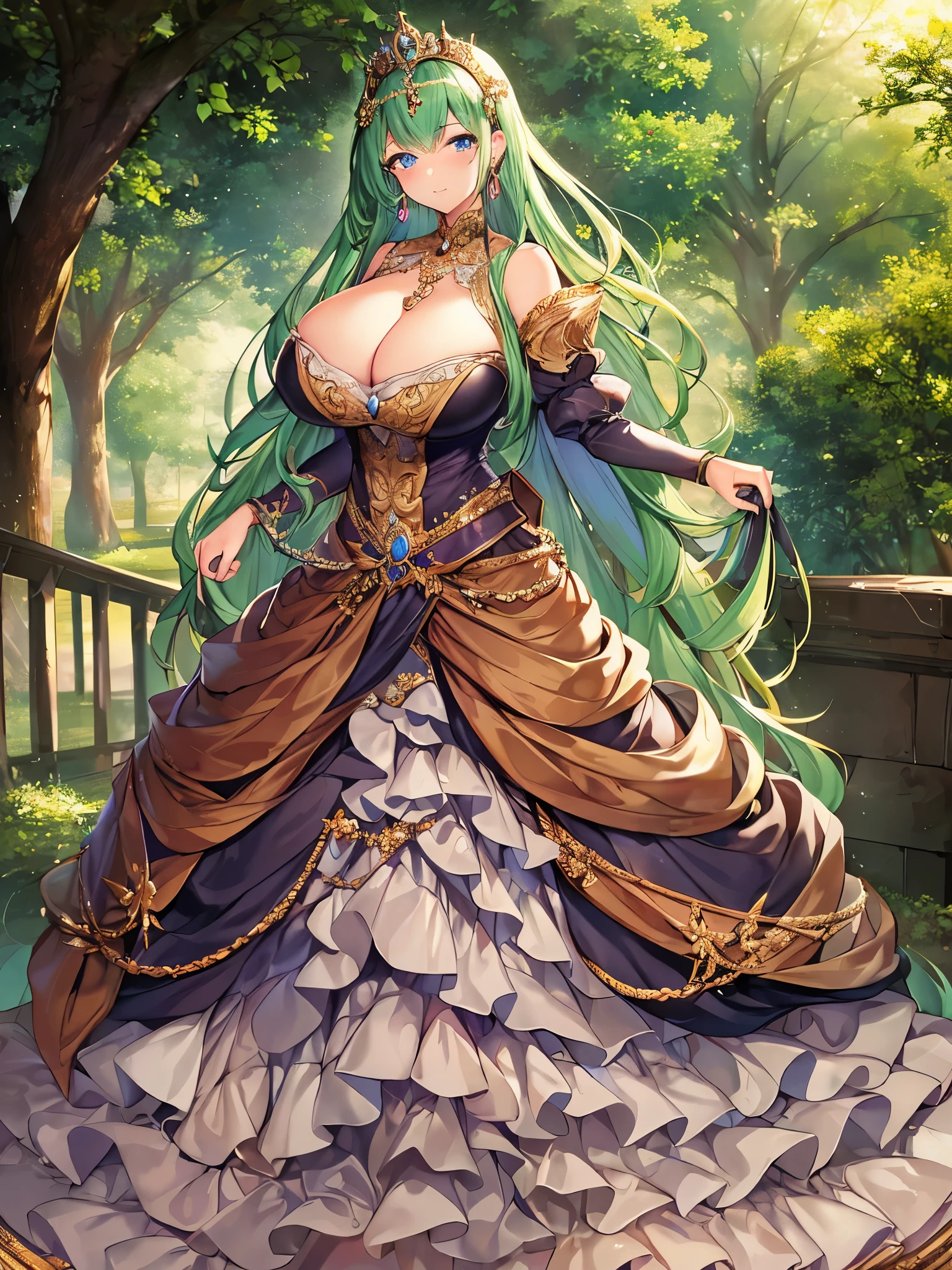 anime artstyle,Masterpiece,Best Quality,Super Detail,Very Delicate and Beautiful,Solo,full body,full body portrait,((1 princess in a jeweled rococo ballgown with beautiful embroidery)),(((very very gigantic tits))),cleavage,Skindentation,((fantasy castle,outdoor)),((crinoline,long train)),super detailed gorgeous princess ballgown with voluminous full length hoop skirt,gorgeous princess rococo ballgown with long train,gorgeous princess rococo ballgown with beautiful embroidery and jeweled,(detailed face and eyes),jewel-like eyes,((extremely voluminous straight Hair,Extremely Long Straight Hair)),extremely gorgeous hair ornament,((extremely gorgeous big tiara)),luxurious jewelry,((super detailed jeweled gorgeous princess rococo ballgown with voluminous full length hoop skirt)),full body
