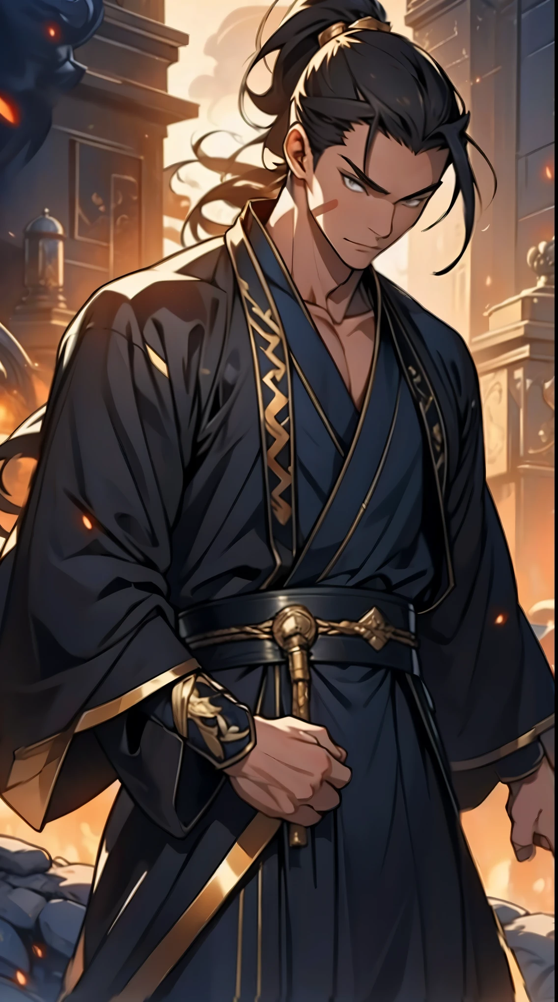 Two dimensions,anime style,one person(male warrior),proportions are correct,facial details,swordsman,high ponytail hairstyle,neck detail,Have an Adam's apple,Black and gold robe,joke,Black and gold robe,clothing details,Hand over,long sleeves,Game quality,fencing,Ray tracing,Ray tracing,Detailed glow,CG rendering,hair details,Long black and blond hair,Black-gold eyes,Handsome,Handsome,(Youthful feeling),Costumes are complicated,Perfect composition,refine,high quality,higher details,many details,Complex background,a sense of atmosphere,