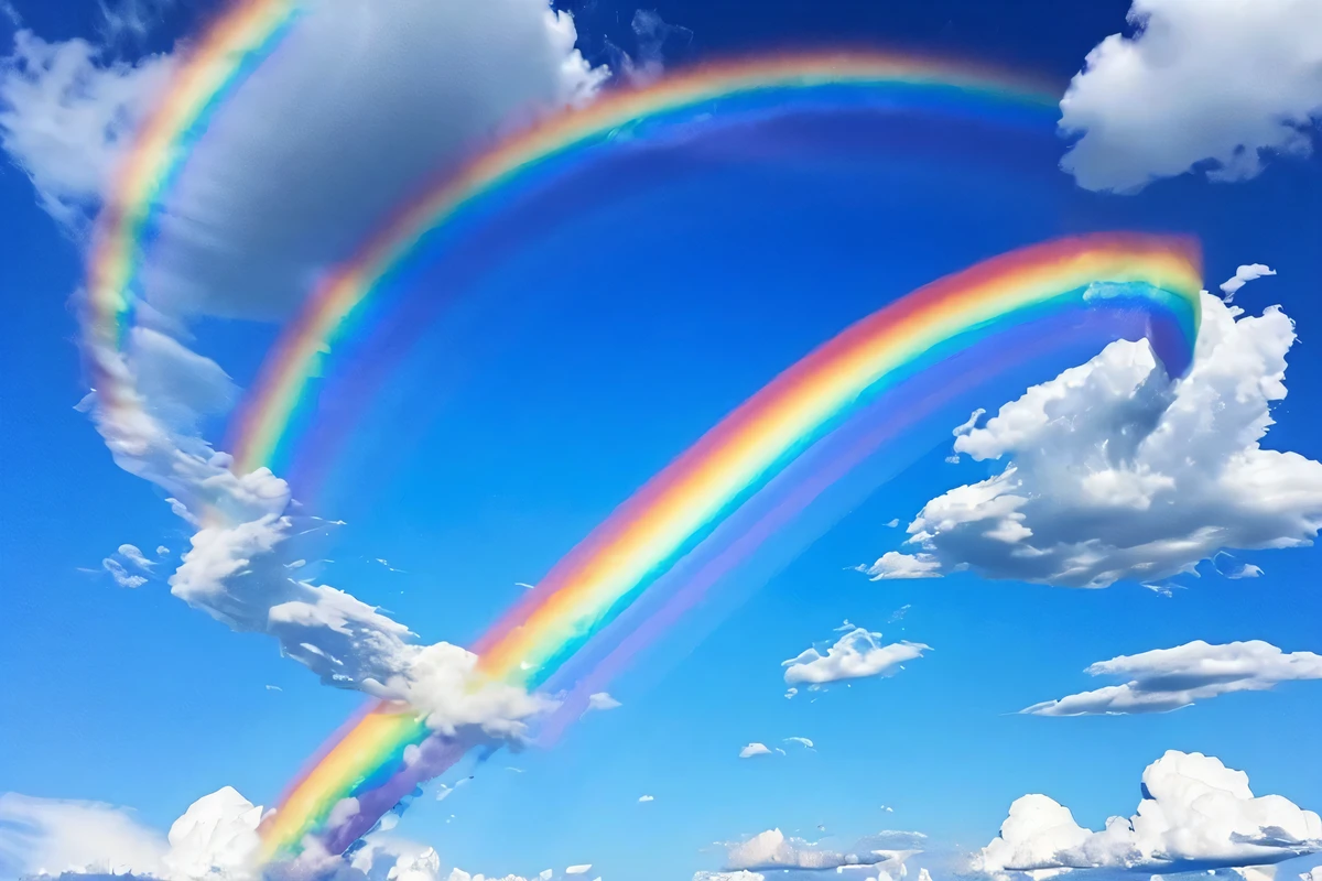 I see a big rainbow in the blue sky