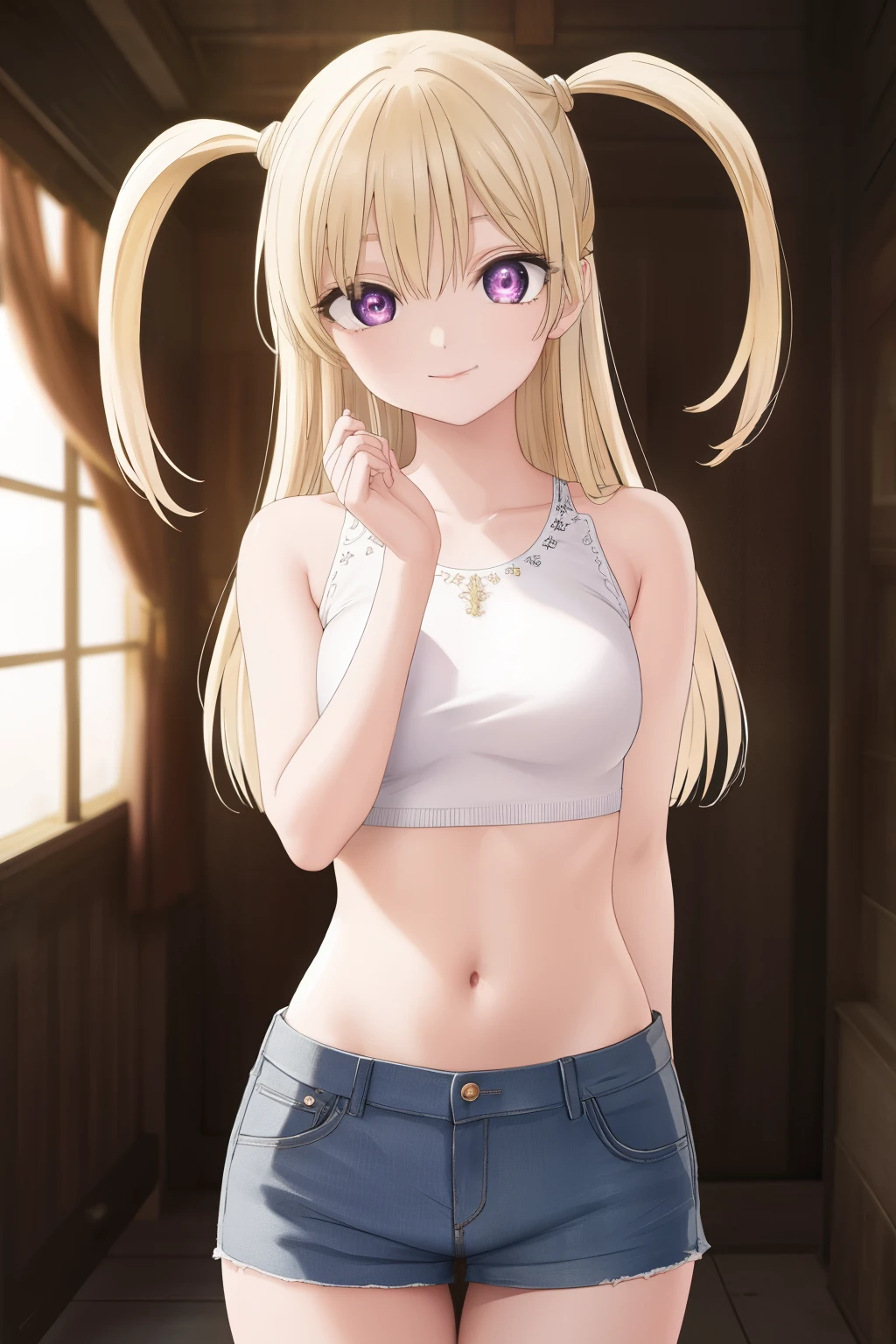 (masterpiece), best quality, high resolution, extremely detailed, detailed background, perfect lighting,erika kizaki, long hair, blonde hair, (purple eyes:1.1), two side up,(voluminous hair:1.3), crop top,skirt,shorts, collarbone, light smile, joyful eyes, cute pose, BREAK indoors, hot springs, BREAK looking at viewer, (cowboy shot:1.5), BREAK, (masterpiece:1.2), best quality, high resolution, unity 8k wallpaper, (illustration:0.8), (beautiful detailed eyes:1.6), extremely detailed face, perfect lighting, extremely detailed CG, (perfect hands, perfect anatomy), solo, ultra beautiful,feminine,