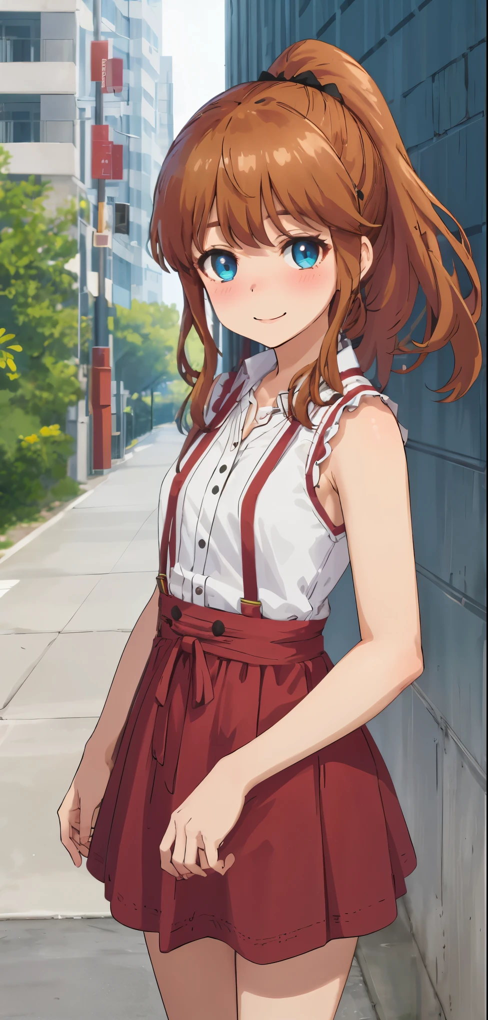 best quality, (masterpiece:1.2), highly detailed, standing, street,
1girl, solo, akatsuki minami,
looking at the viewer, closed mouth, smile, slight blush,
blue eyes, brown hair, ponytail, hair bow, sleeveless.