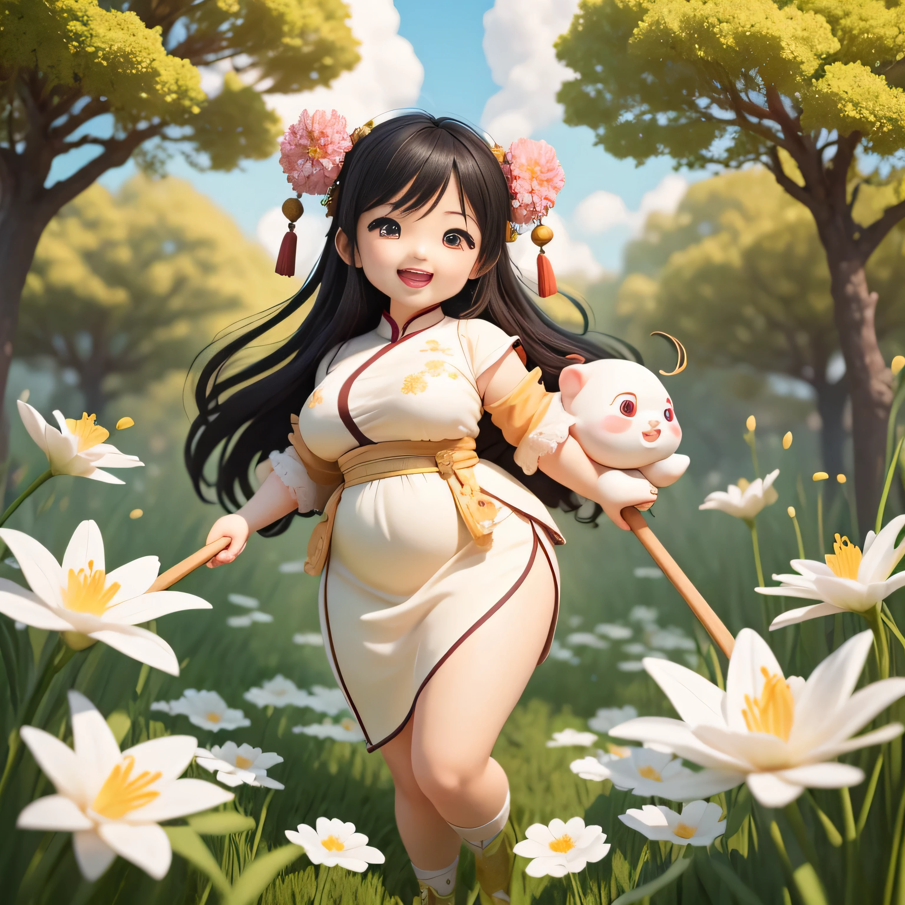 (masterpiece),(best quality),(super detailed), (whole body:1.2),
1 chubby chinese girl,Big avatar,Super cute, Smile, open mouth,Field lilies and flowers holding ax,Cutting down trees cloud
(Beautiful and delicate face), (beautiful and delicate eyes),