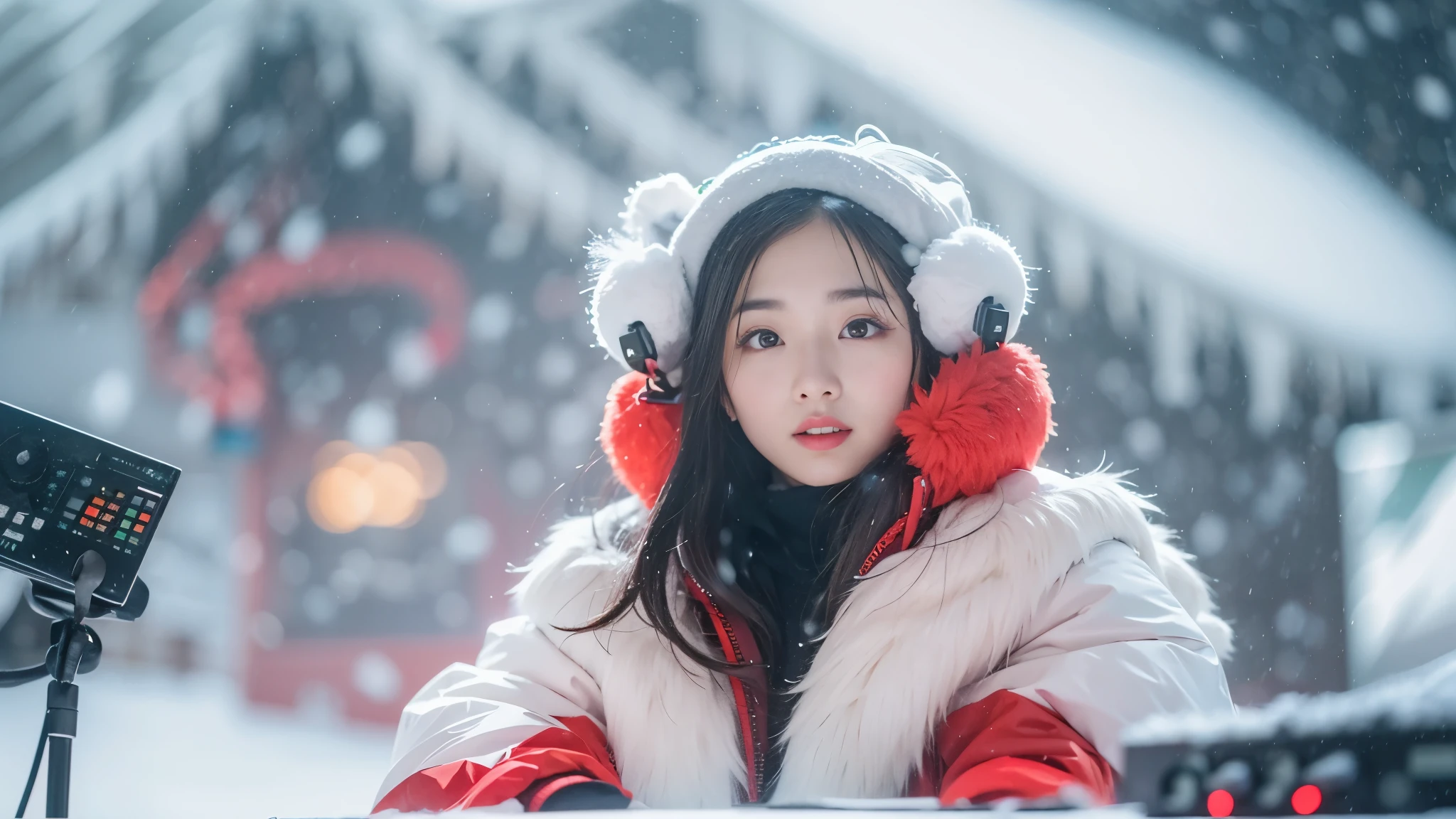 Beautiful Chinese girl DJing on a stage in a snowy winter wonderland