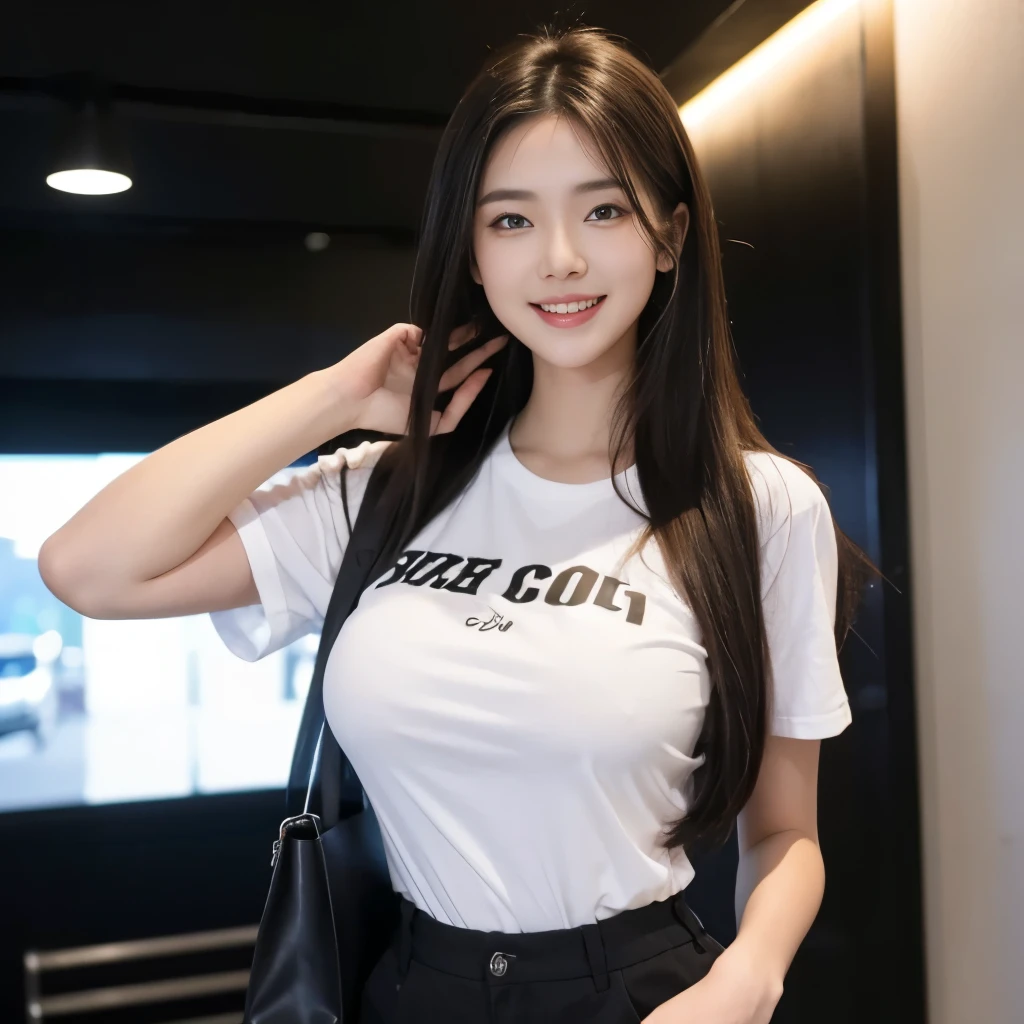 20 year old girl,Beautiful girl,big breast,long hair, oversized black t-shirts and pant, cute smile,cute girls bag on back ,photo from cinema theater lobby , ready for movie show, 8k , 16k, hyper realistic, hyper details,