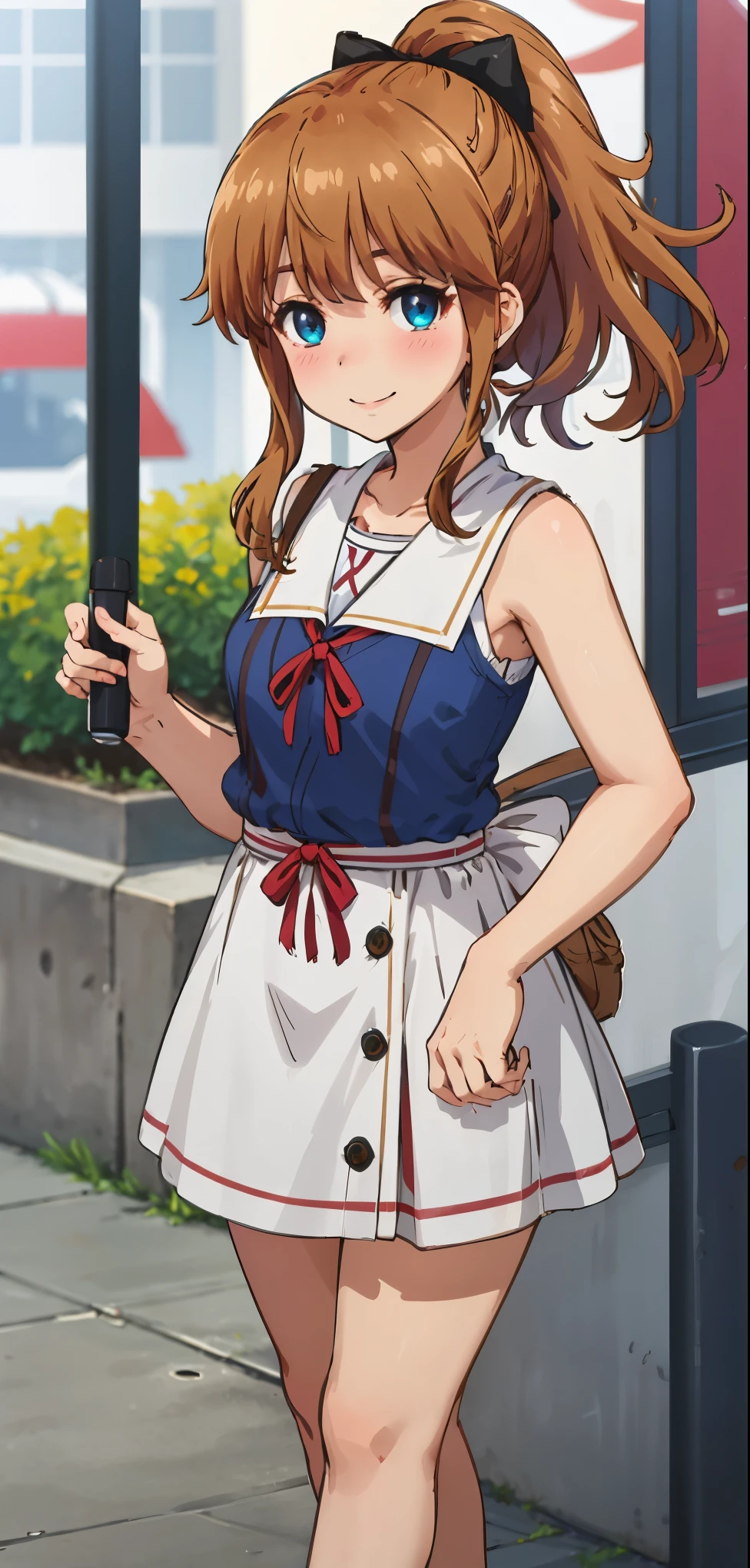 best quality, (masterpiece:1.2), highly detailed, standing, street,
1girl, solo, akatsuki minami,
looking at the viewer, closed mouth, smile, slight blush,
blue eyes, brown hair, ponytail, hair bow, sleeveless.