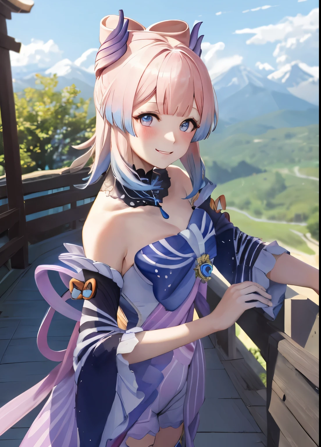 kokomidef, upper body, smile, blush, outdoors, day, simple background, blue sky, short hair, sky, temple, looking at viewer, stairs, mountain, moody lighting, facing viewer,
