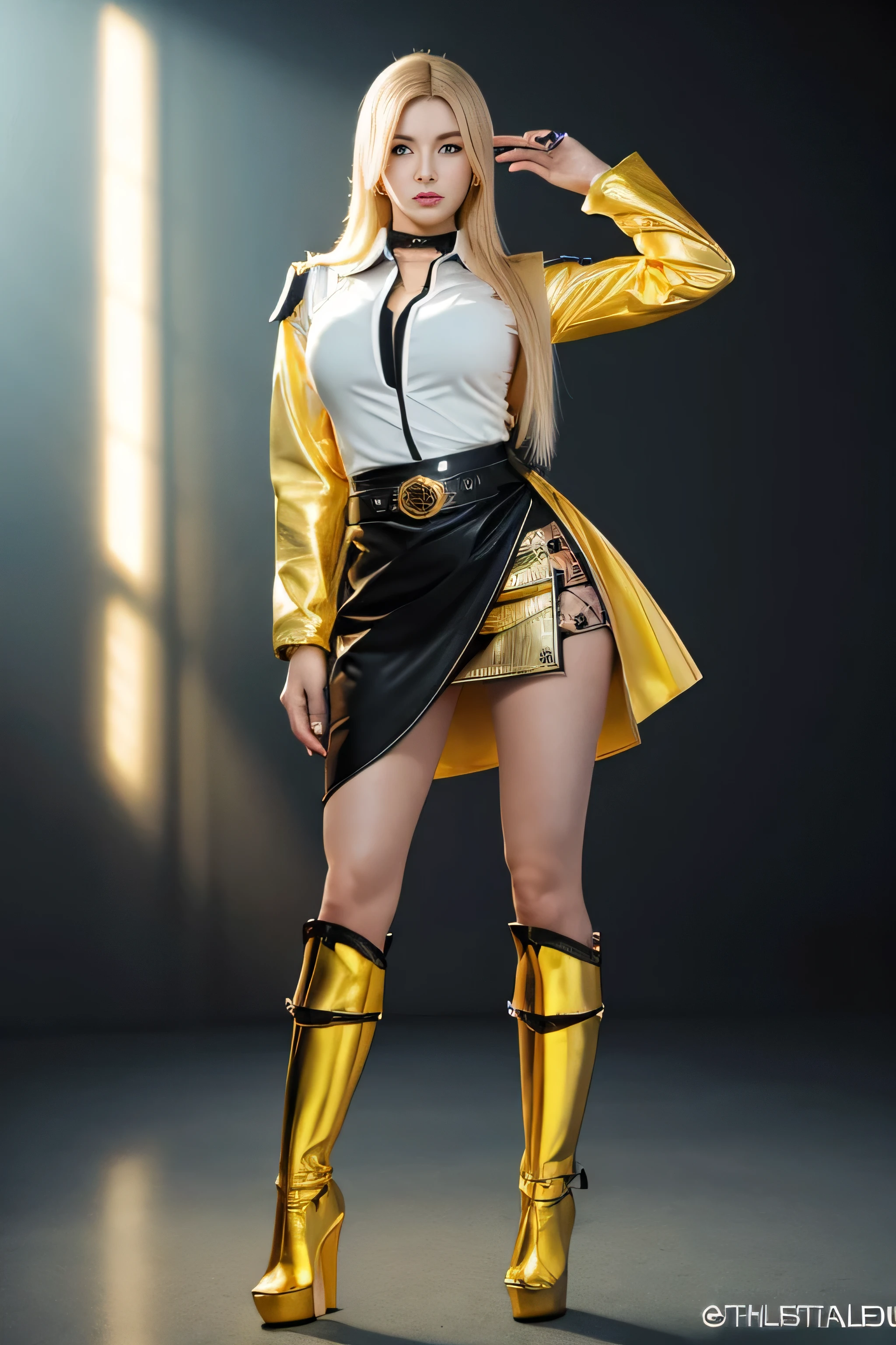 space warrior, beautiful, female, , soft lighting, 8k,Tsunade stands tall in a realistic art style, wearing gold stiletto high heels that perfectly match her chic and sophisticated fashion sense. Her long, flowing blonde hair catches the light, contrasting against the black skirt, brown belt, and white shirt she's wearing. The focus is on the intricate details, emphasizing the textures and anime renderings.full body
