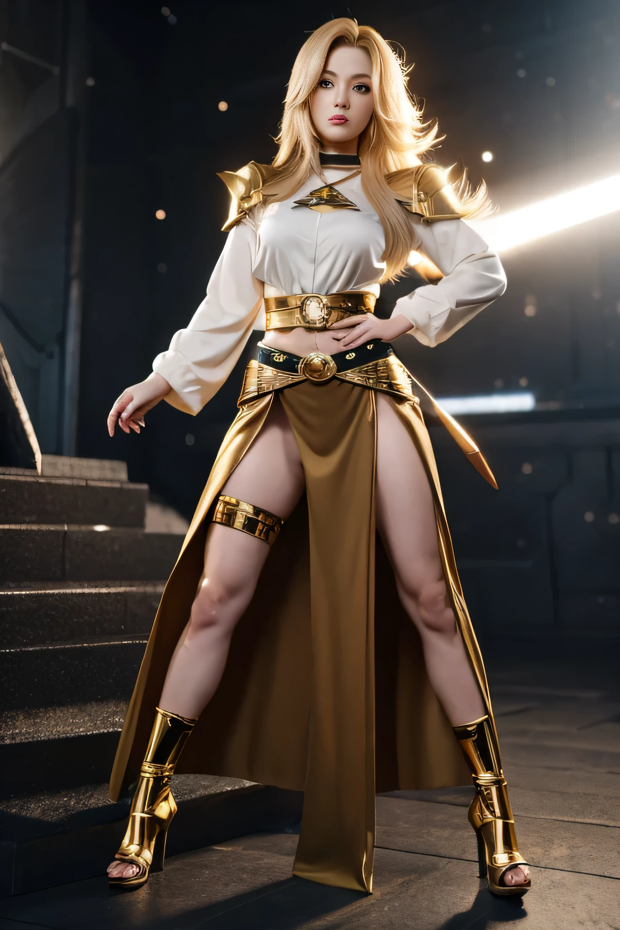 space warrior, beautiful, female, , soft lighting, 8k,Tsunade stands tall in a realistic art style, wearing gold stiletto high heels that perfectly match her chic and sophisticated fashion sense. Her long, flowing blonde hair catches the light, contrasting against the black skirt, brown belt, and white shirt she's wearing. The focus is on the intricate details, emphasizing the textures and anime renderings.full body