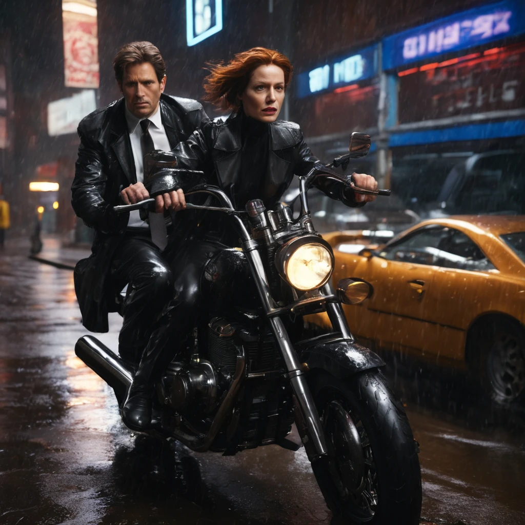 High Resolution, High Quality, Masterpiece People who look like special Agents Muldor and Scully (X-Files) in leather raincoats on motorcycles. White shirts and ties. Black Glasses. Movement. The chase. Movement. The chase. Reflective raindrops. Tension.Noir style, dark in an alley, cinematic light, lots of detail, realistic, 4k, cinema, epic, rain, neon ambiance, abstract black oil, detailed acrylic, grunge, intricate complexity, rendered in unreal engine, photorealistic acrylic grunge ambiance, portrayed with the intricate complexity of a photorealistic Unreal Engine render, composition adhering to the golden ratio, portrayed with the intricate complexity of a photorealistic Unreal Engine render, composition adhering to the golden ratio, 8k resolution capturing the soft, volumetric, cinematic lighting, evoking the stylistic essence of Raphael