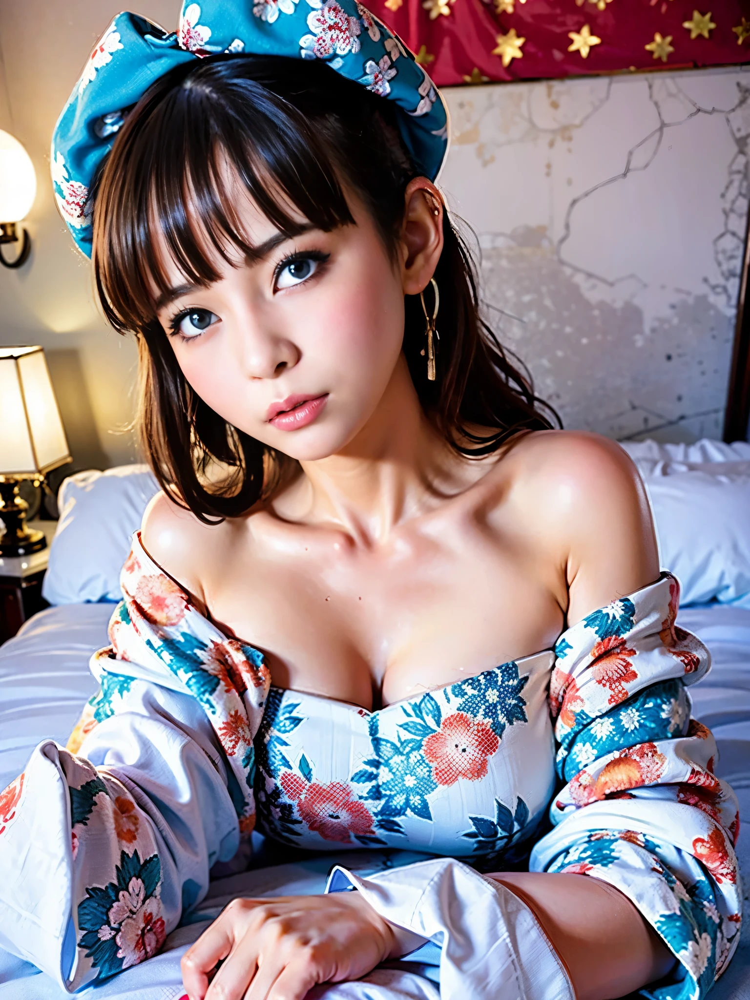 1 girl,highest quality、ultra high resolution、(Photoreal:1.4)、blue eyes、look at the audience、blush、Off-shoulder white dress with floral print、lying in bed