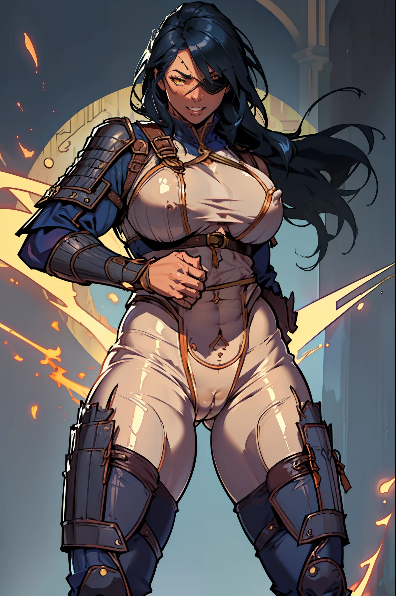 (high resolution, pixel perfect, gorgeous illustrations), (hyper quality, muste piece, etheric: 1.4), (1girl), ((nsfw)), ((fighting stance)),
((see through)), yellow eyes, ((((orgasm)))), (((clenched teeth))), (((facial lash))), (((((((muscular))))))), ((thick thighs)), (((wide hips))), ((Big breasts that are about to burst)), fighter, (((woman))), ((mature woman)), (((wh_chi_armor))), ((gstring)), ((((cameltoe)))), (lewd woman), (shiny skin), ((eyepatch)),