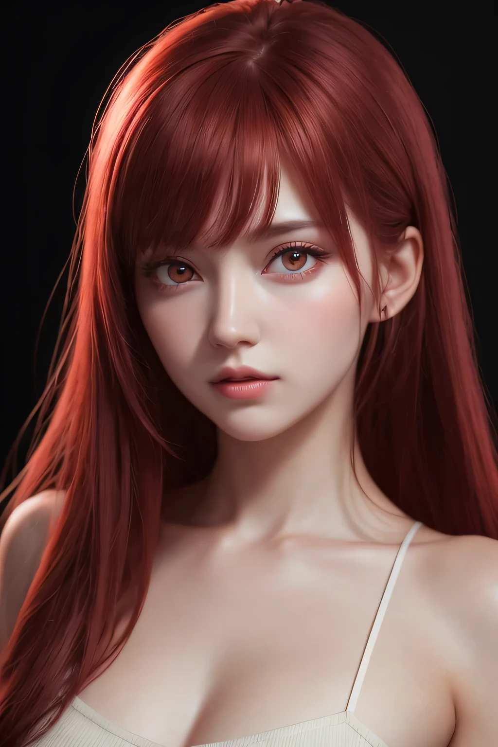1 girl, star eyes, blush, perfect lighting, Red hair, red eyes, Unreal Engine, Side light, Detailed face, Bangs, bright skin, simple background, dark background,