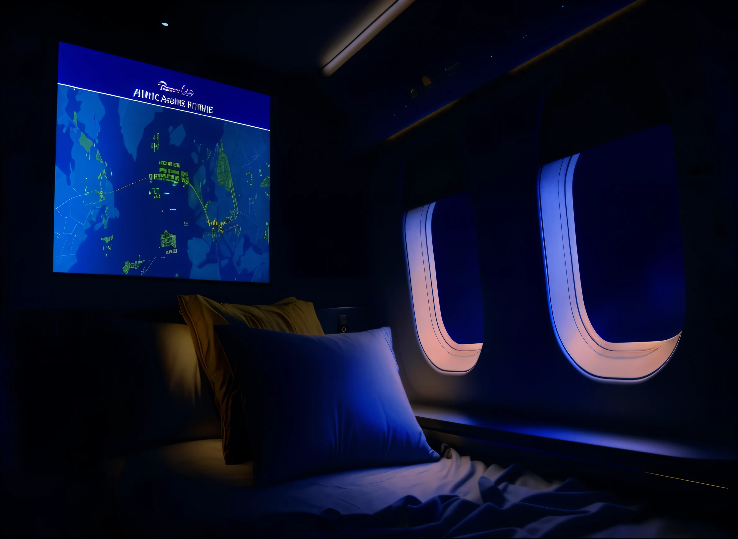 First class for airliners,Rough room with cot with pillows and TV々nice view, night fill lighting, mysterious ambient lighting, At night設定, detailed ambient lighting, true realistic image, soft ambient lighting, ambient lighting At night, comfortable atmosphere, bright ambient lighting, Ambient lighting from above, sunrise, Virtual Metaverse Room, 写真のrendering, At night, turbulence, rendering