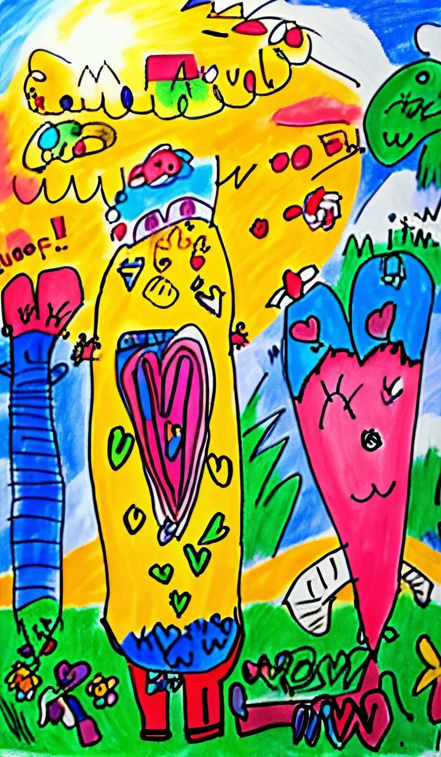 a long heart shaped dog, long shaped aligator with heart in the middle, and big heart shape creature, the sun and cloud in the sky drawing of a group of cartoon characters with a sky background, childrens drawing, childs drawing, kid's drawing, weird scribbles, a 's drawing, doodles, 's drawing, children’s drawing, children's drawing, kids drawing, children's artwork, kids fantasy drawing, scribbles, classroom doodle, doodle addicts, based on 's drawing