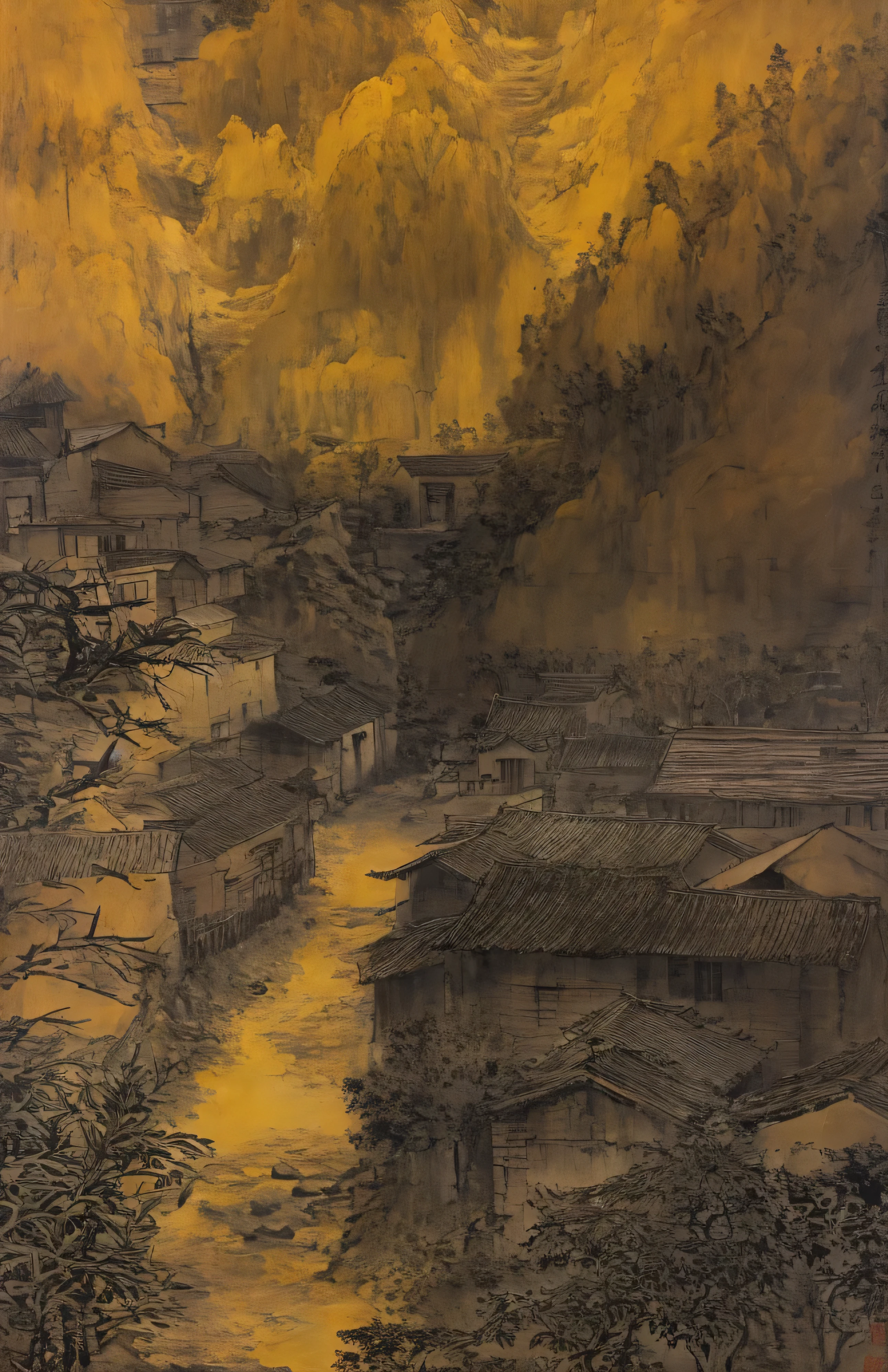 Small village overlooking the creek, The style is influenced by ancient Chinese art, light yellow and light black, Chinese painting, ink painting, Bada Shanren, Xu Wei, Shi Tao, organic architecture, Hiking, earthy naturalism