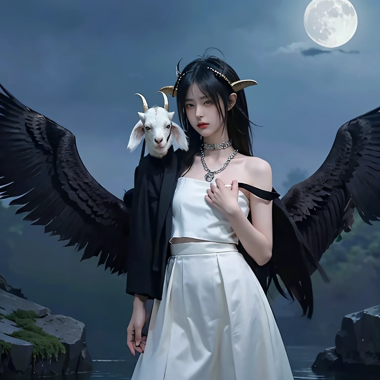 Bondage, tied up,satanic necklace,choker, black suit, suit with tie, black veil, satanic earing,standing in the lake with moon in the sky, angel, wings, White wings, holy girl, horns, lucifer, bdsm, holding a goat head, hold a goat head, holding a goat's head, holding a goat