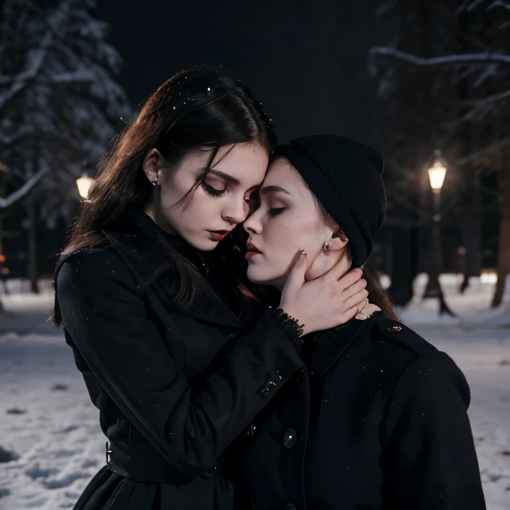 19 year old anorexic Gothic Finnish girl with heavy makeup, dressed in black, and tears in her eyes, shyly kissing a 30-year old Russian woman in vintage pin-up clothing, in snowy park at night