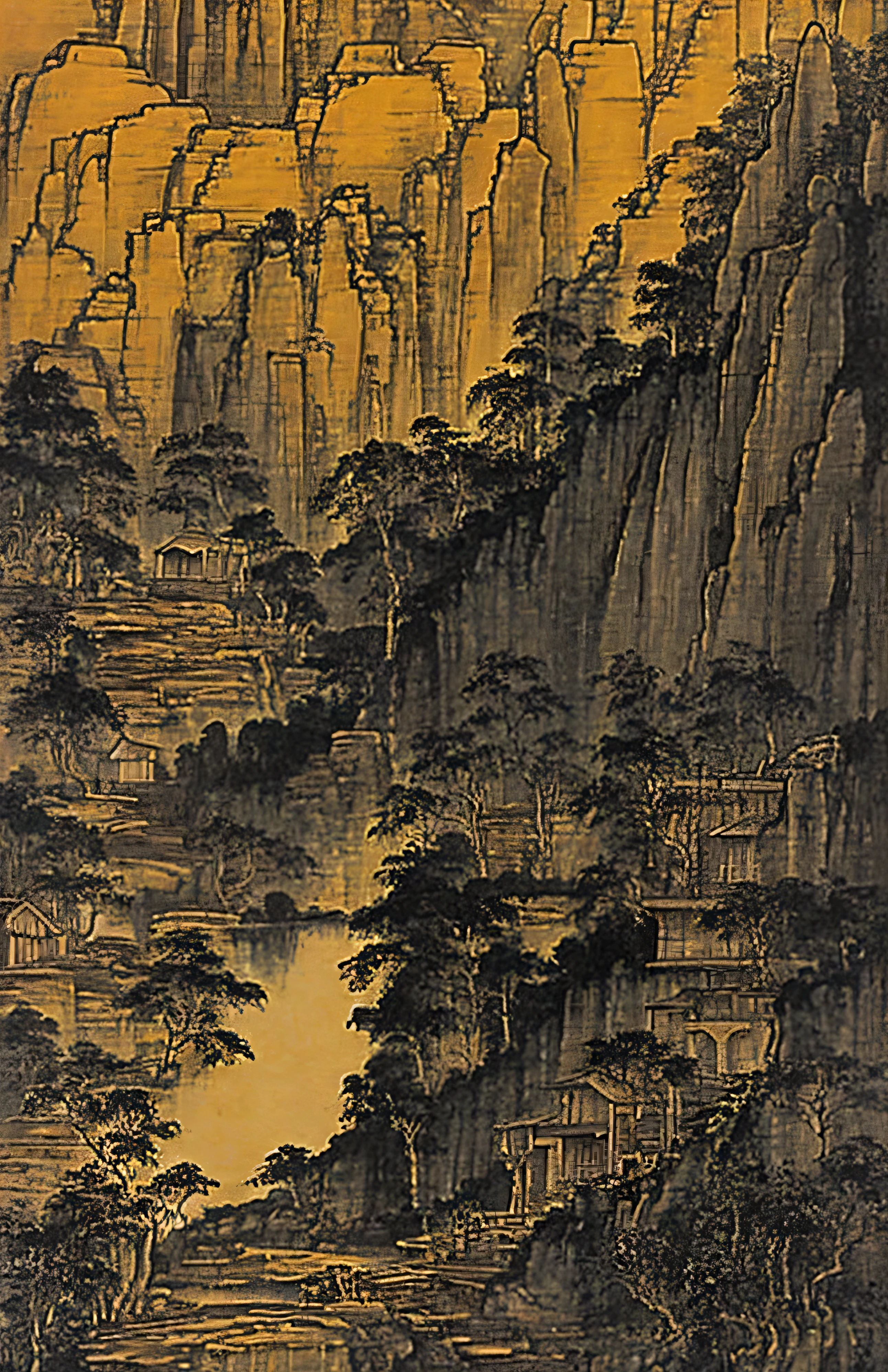 Small village overlooking the creek, The style is influenced by ancient Chinese art, light yellow and light black, Chinese painting, ink painting, Bada Shanren, Xu Wei, Shi Tao, organic architecture, Hiking, earthy naturalism