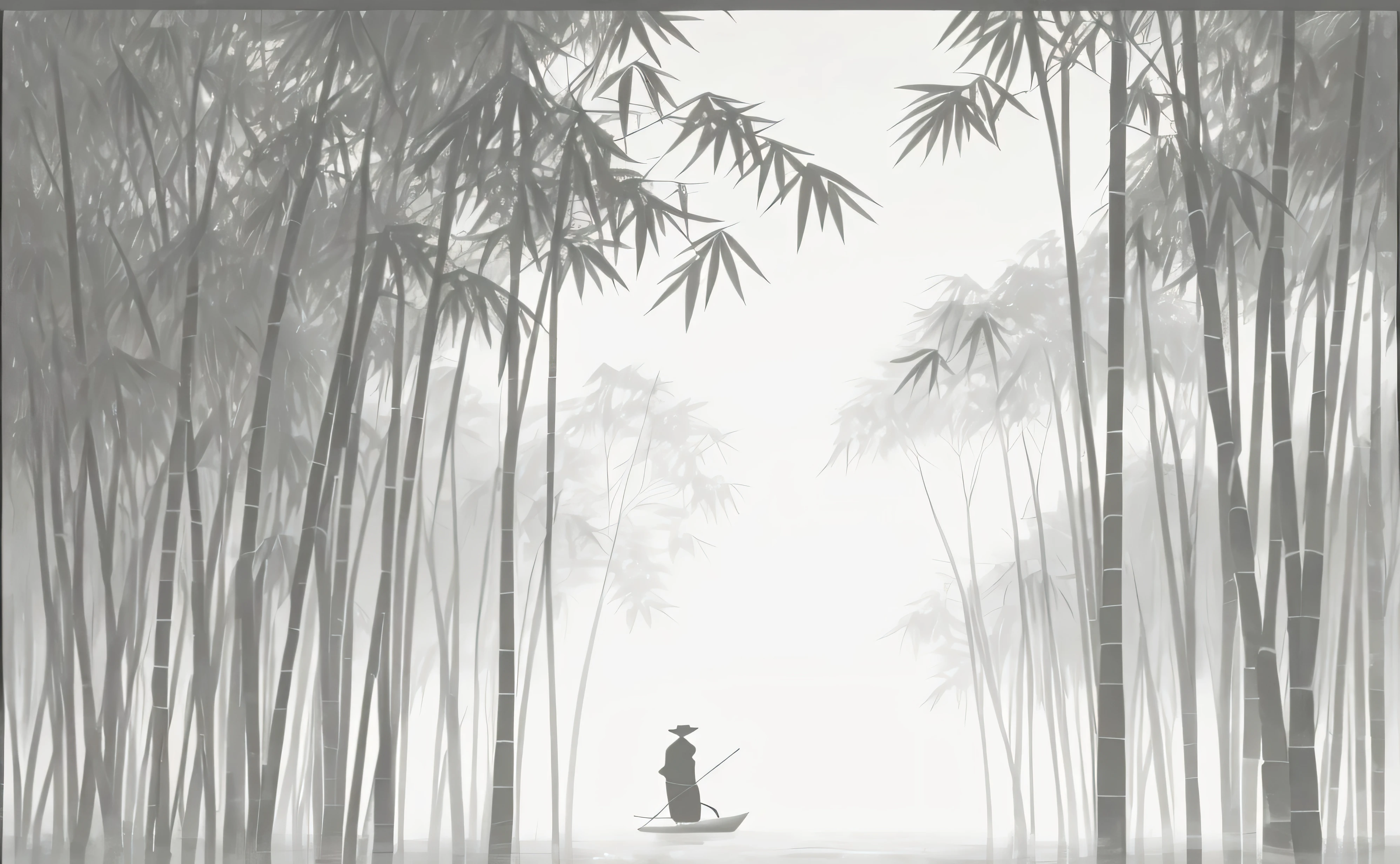 araffes in a bamboo forest with a boat in the water, Gray forest background, misty japanese bamboo forest, Chinese painting style, bamboo forest, sumi-e lighting style, bamboo, in a bamboo forest, of bamboo, 反乌托邦Gray forest background, Detailed sumi-e illustration, Detailed sumi-e illustration, Chinese watercolor style, bamboo forest in the background