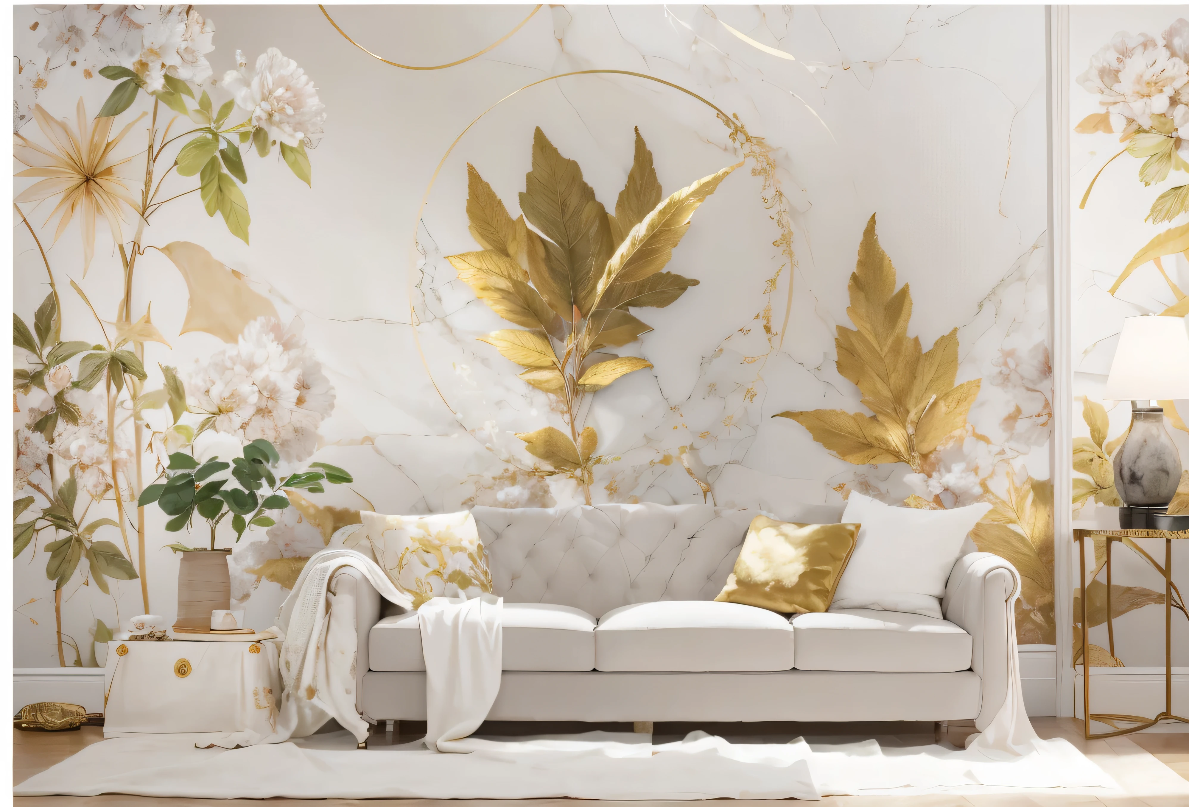Image of Arafad in living room with sofa and mural, living room background墙, living room background, Engraved Marble Textured Silk Cloth, Very detailed background, gold leaf, wallpaper design, F 2 2, F22, wallpaper art, f 2 0, f 3 2, F32, 4k/8, high quality]