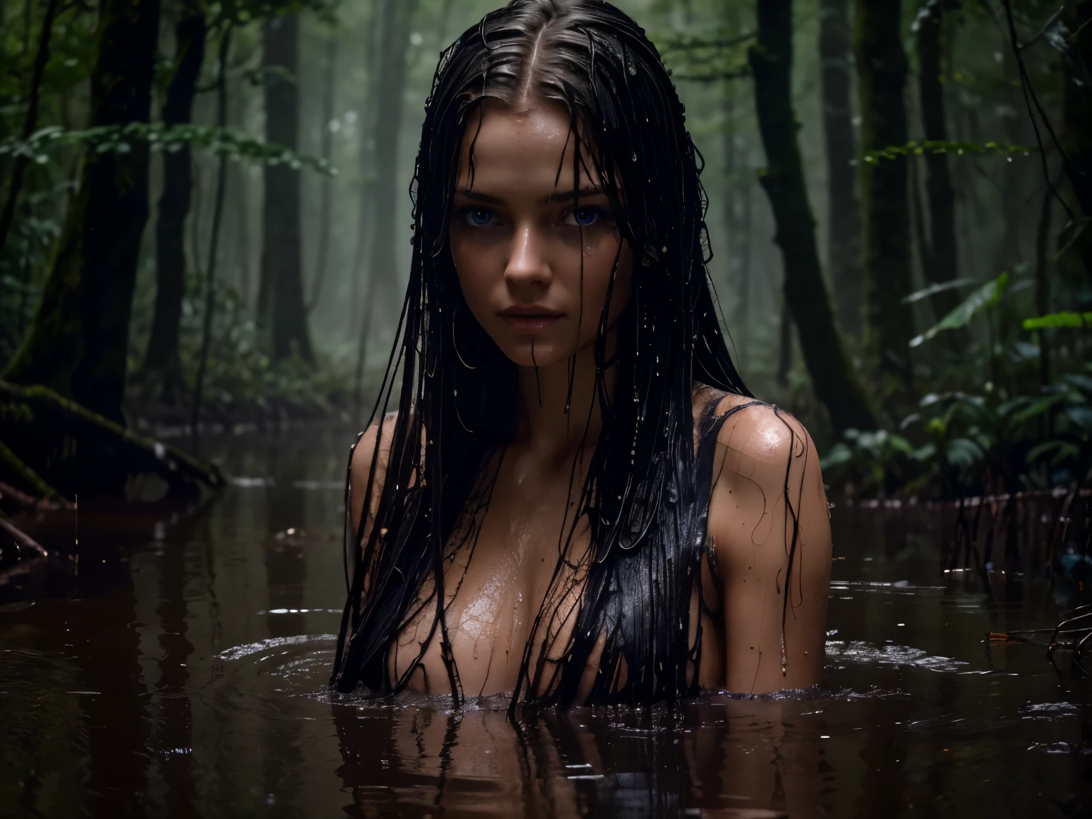 (best quality,4k,highres,ultra-detailed,realistic),professional photography,1girl,wet long hair,blue eyes,wet naked body,swamp,beautiful face,dusky summer,dense fog,deep dark forest,mud,horror