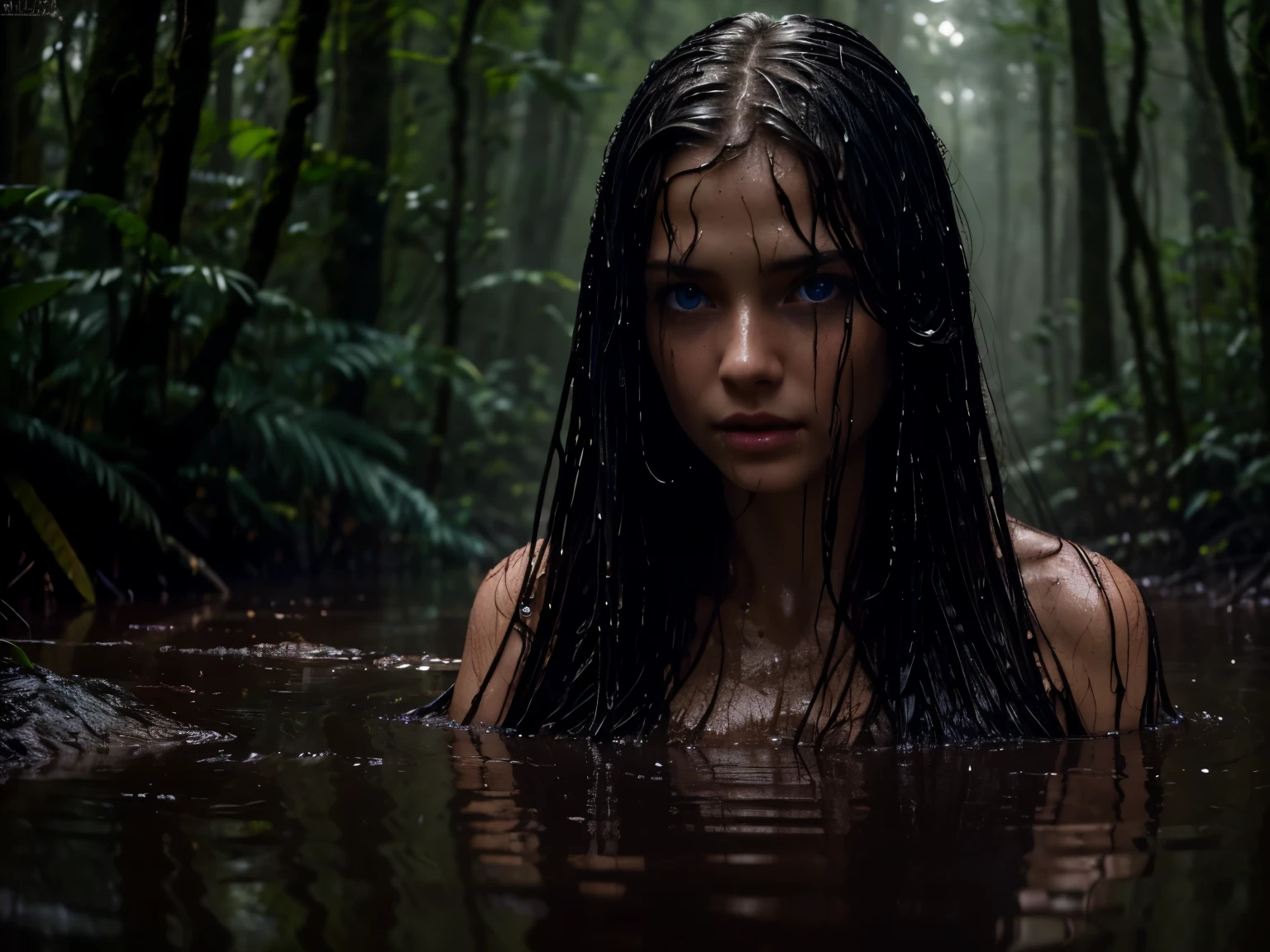 (best quality,4k,highres,ultra-detailed,realistic),professional photography,1girl,wet long hair,blue eyes,wet naked body,swamp,beautiful face,dusky summer,dense fog,deep dark forest,mud,horror