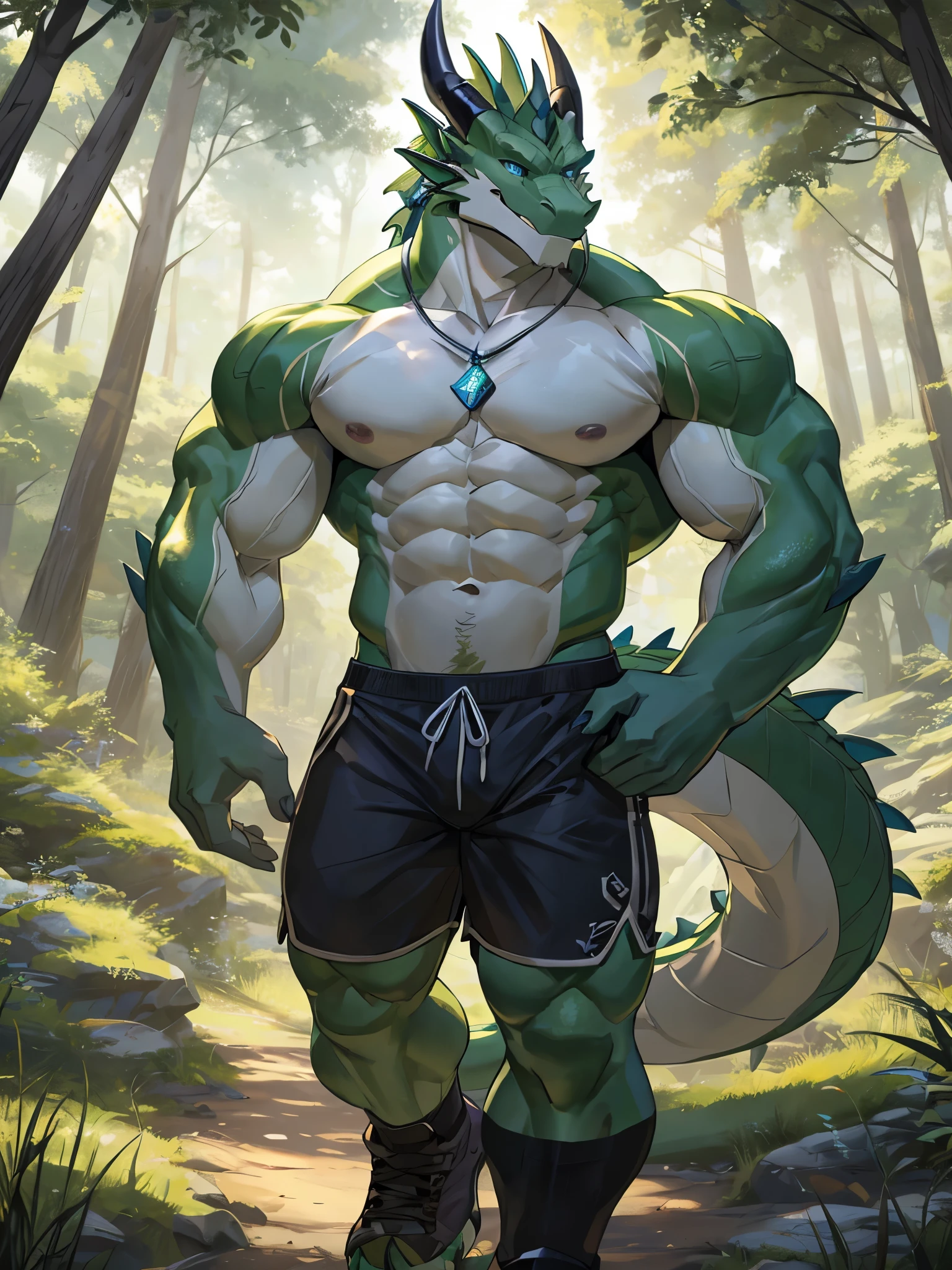 masterpiece, Anthropomorphic green dragon, white belly,There is a pair of beautiful dragon horns, blue eyes, green dragon scales, 1 tail, very muscular body, nice, only shorts, smiling, forest landscape