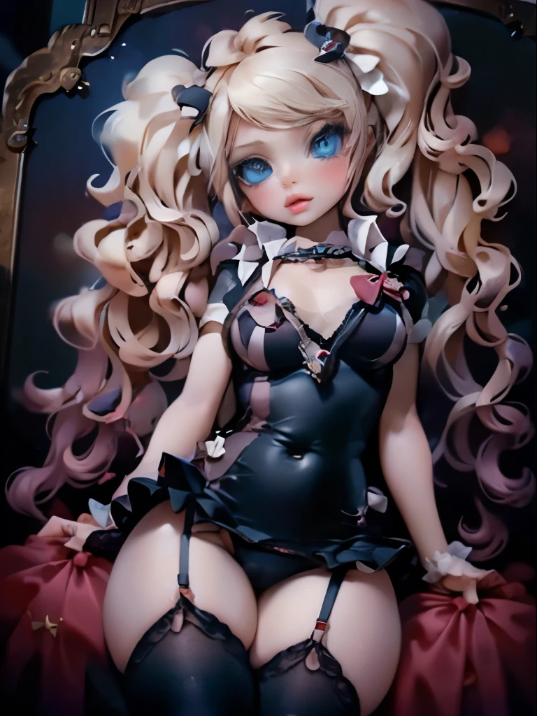 , blonde pigtails, flat chest, blue eyes, black stockings and pink lingerie, breasts exposed, gold jewellery, little and young, , tiny frame, young, innocent