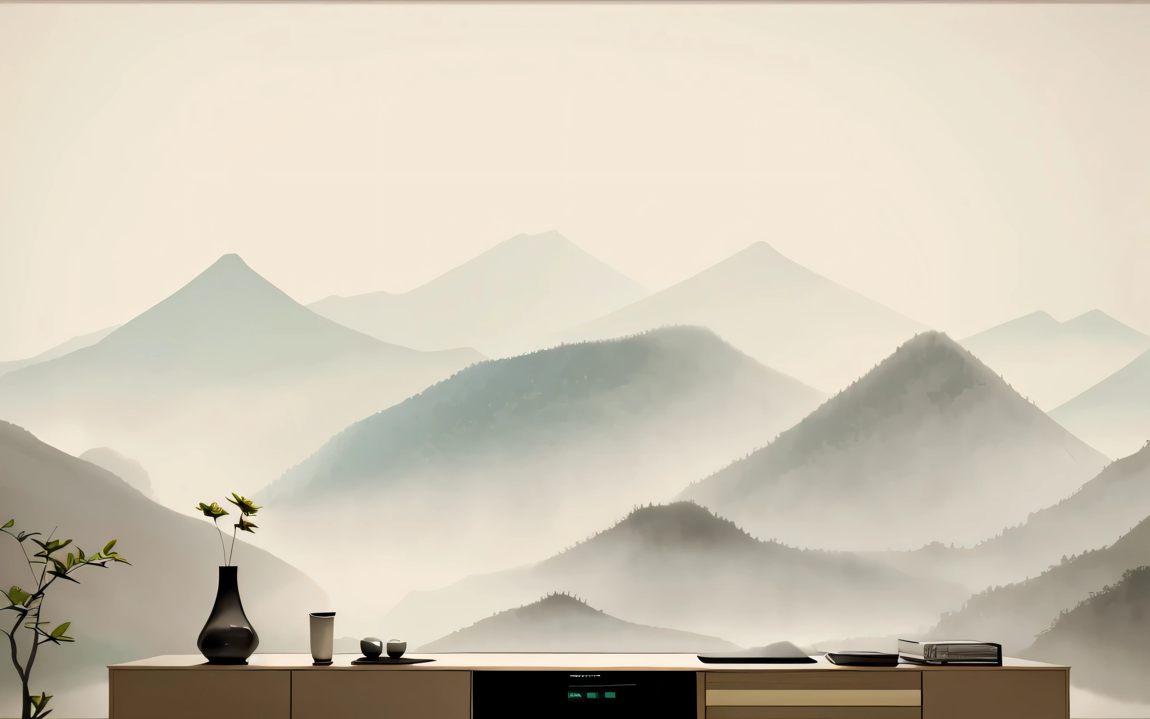 There is a painting of a mountain on the wall behind the TV, Detailed Landscape - Width 672, mountain background, 4k/8, West 1 9 2 0, 2023 4k, Oriental wallpaper, landscape wallpaper, living room background, Chinese painting style, (mist), landscape artwork, 8k--height 768, living room background墙