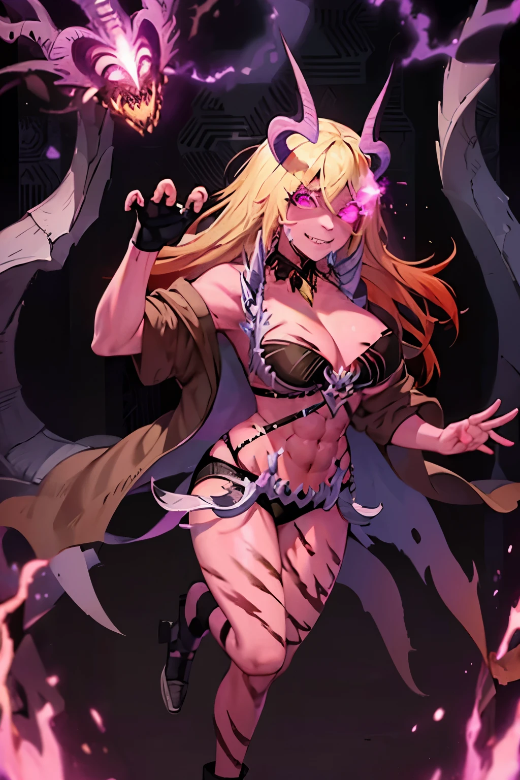 masterpiece, best quality,1girl, full body, beth, demon horns, pink eyes, flaming eye, blonde hair ,bikini armor, scar, abs, evil grin,