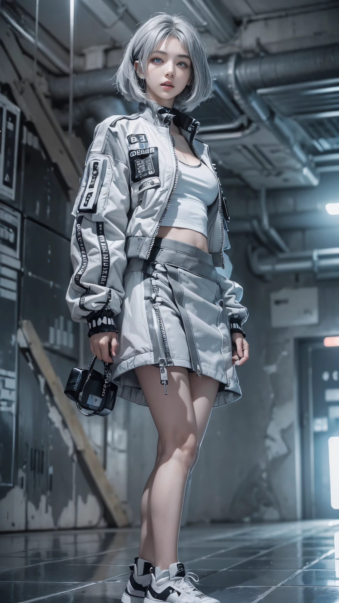 (anime:1.3), (all body shot, fashion portrait:1.6), ultra detailed, beautiful, masterpiece, best quality, _ BREAK (1girl:1.2), 22 years old, 160 cm, Japanese cute model, (Tightened all body, medium Breasts:1.4), small head, small face, diamond Face, small nose, Sharp Faceline, young hands and fingers, beautiful hands and fingers, five fingers, _ BREAK (Glossy Lips:1.3), (Light color lips, Half open mouth, beautiful Teeth:1.2), (dropy eyes, Double eyelid, light color eyes:1.4), _ BREAK (arranged hairstyle:1.3), (gray hair:1.3), _ BREAK (gray background:1.4), Fog, mist, _ BREAK (wide angle, all body shot:1.7), (standing, from below:1.4), (cool beauty model posing:1.4), (from front white lightning), BREAK (Cyber punk with theme:1.8), (black and white theme:1.4), (training shirt:1.3),(oversize Bomber jacket:1.2), (Thick hi Collar:1.4), (jacket ( Wide, short, 1/4 short Length, baggy, Wide hem):1.5), (Perfect jacket:1.4), (Close the zipper:1.35), BREAK ((low Wais ) A-line maximum long skirt:1.6), (maximum Length A-line skirt:1.6), (perfect and Detailed all body wear:1.5), (Cyber punk hi cut Cyber Reflecting Sneaker:1.5),(gray hair, blue eyes:1.4),