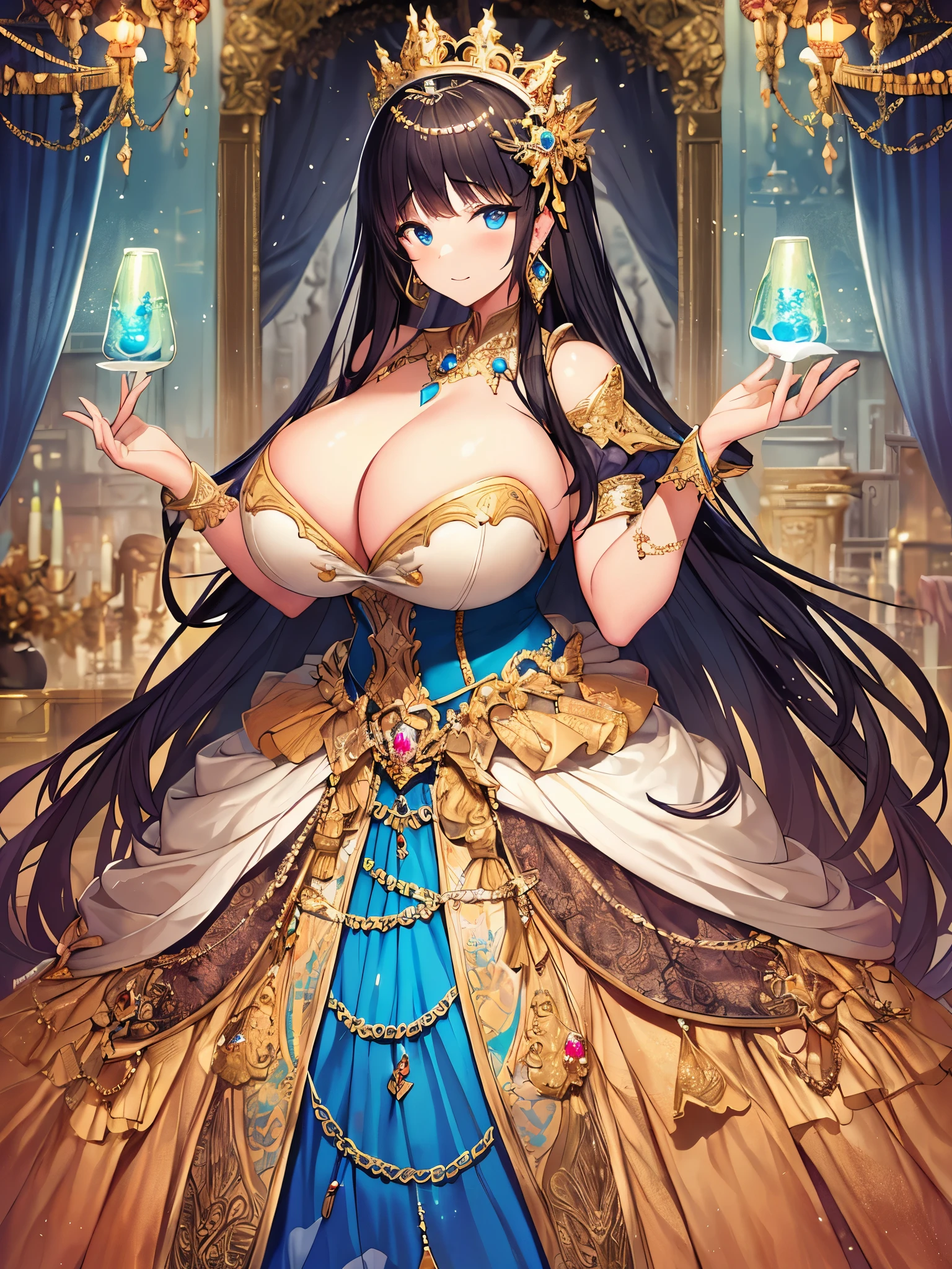 anime artstyle,Masterpiece,Best Quality,Super Detail,Very Delicate and Beautiful,Solo,full body,full body portrait,((1 bling-bling princess in a jeweled rococo ballgown with beautiful embroidery)),(((very very gigantic tits,sagging breasts))),cleavage,Skindentation,((fantasy castle,outdoor)),((crinoline,long train)),super detailed gorgeous princess ballgown with voluminous full length hoop skirt,gorgeous princess rococo ballgown with long train,gorgeous princess rococo ballgown with beautiful embroidery and jeweled,(detailed face and eyes),jewel-like eyes,((extremely voluminous straight Hair,Extremely Long Straight Hair)),extremely gorgeous hair ornament,((extremely gorgeous bling-bling big tiara)),bling-bling luxurious jewelry,((super detailed jeweled gorgeous princess rococo ballgown with voluminous full length hoop skirt)),full body