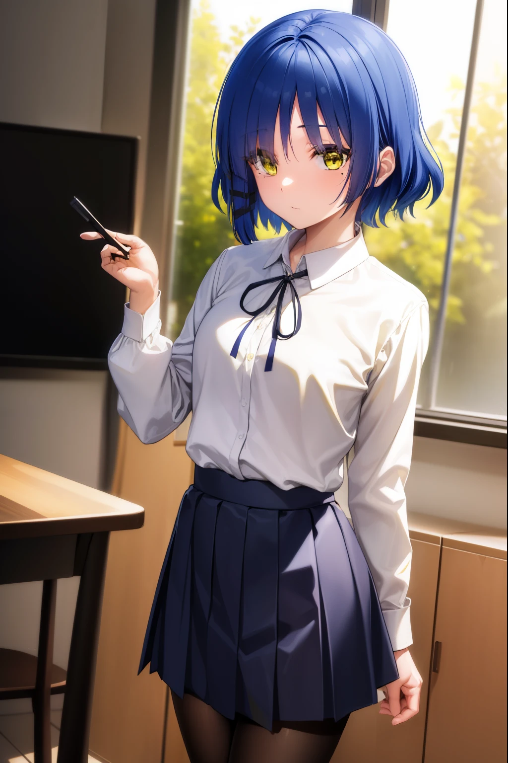 ryouyamada, ryou yamada, blue hair, eyes visible through hair, mole, mole under eye, short hair, (yellow eyes:1.5), hairclips,
BREAK black pantyhose, black ribbon, blue skirt, brown footwear, loafers, long sleeves, pantyhose, ribbon, school uniform, shimokitazawa high school uniform, shirt, shoes, skirt, white shirt,,
BREAK indoors, classroom,
BREAK looking at viewer, (cowboy shot:1.5),
BREAK (masterpiece:1.2), best quality, high resolution, unity 8k wallpaper, (illustration:0.8), (beautiful detailed eyes:1.6), extremely detailed face, perfect lighting, extremely detailed CG, (perfect hands, perfect anatomy),