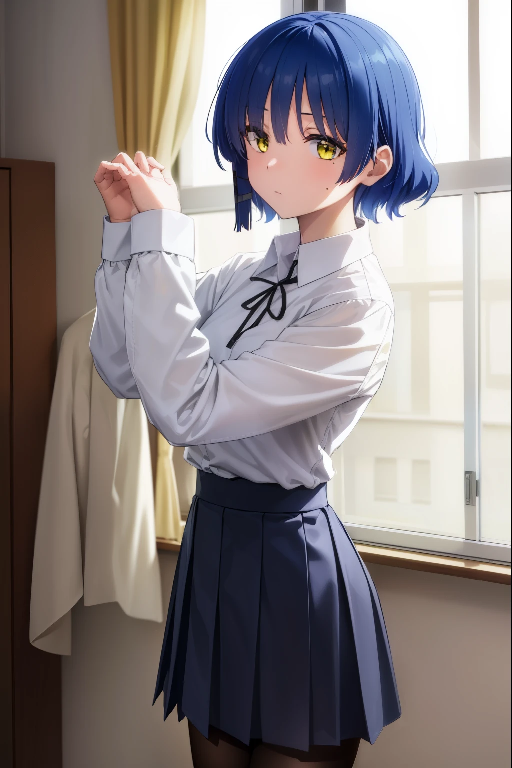 ryouyamada, ryou yamada, blue hair, eyes visible through hair, mole, mole under eye, short hair, (yellow eyes:1.5), hairclips,
BREAK black pantyhose, black ribbon, blue skirt, brown footwear, loafers, long sleeves, pantyhose, ribbon, school uniform, shimokitazawa high school uniform, shirt, shoes, skirt, white shirt,,
BREAK indoors, classroom,
BREAK looking at viewer, (cowboy shot:1.5),
BREAK (masterpiece:1.2), best quality, high resolution, unity 8k wallpaper, (illustration:0.8), (beautiful detailed eyes:1.6), extremely detailed face, perfect lighting, extremely detailed CG, (perfect hands, perfect anatomy),