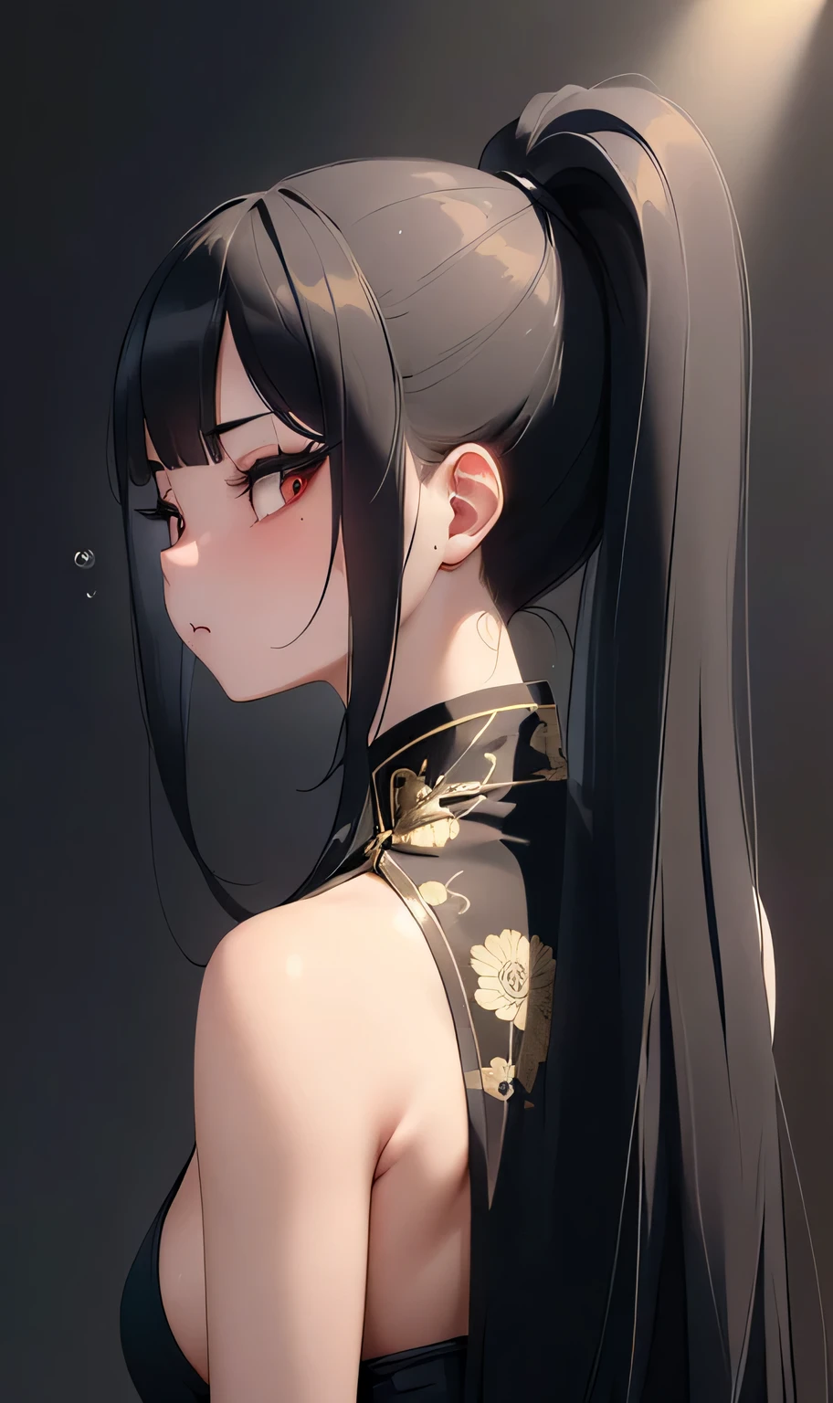 (masterpiece, best quality:1.2), Very detailed, Detailed hair, soft skin,

1 chinese girl,chubby， alone, Permanent installation, Upper body, from behind,

black hair, long hair, high ponytail, long ponytail,

big eyes, long eyelashes, thick eyelashes, looking at the audience,

black background,


