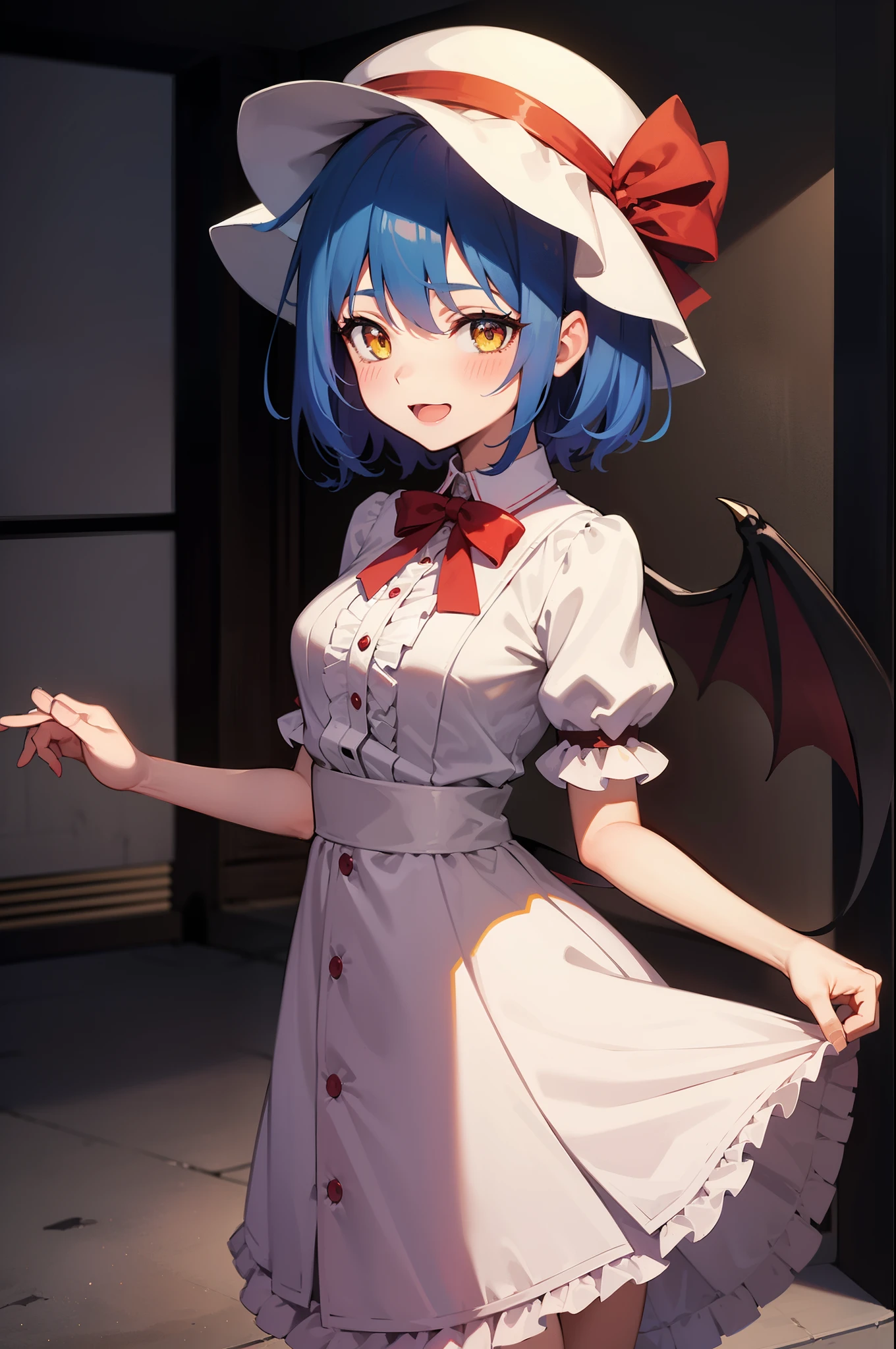 rating:safe, 1girl, solo, remilia_scarlet, smile, hat, blush, open_mouth, skirt, short_hair, looking_at_viewer, ribbon, blue_hair, alternate_costume, wings, skirt_hold, yellow_eyes, puffy_sleeves