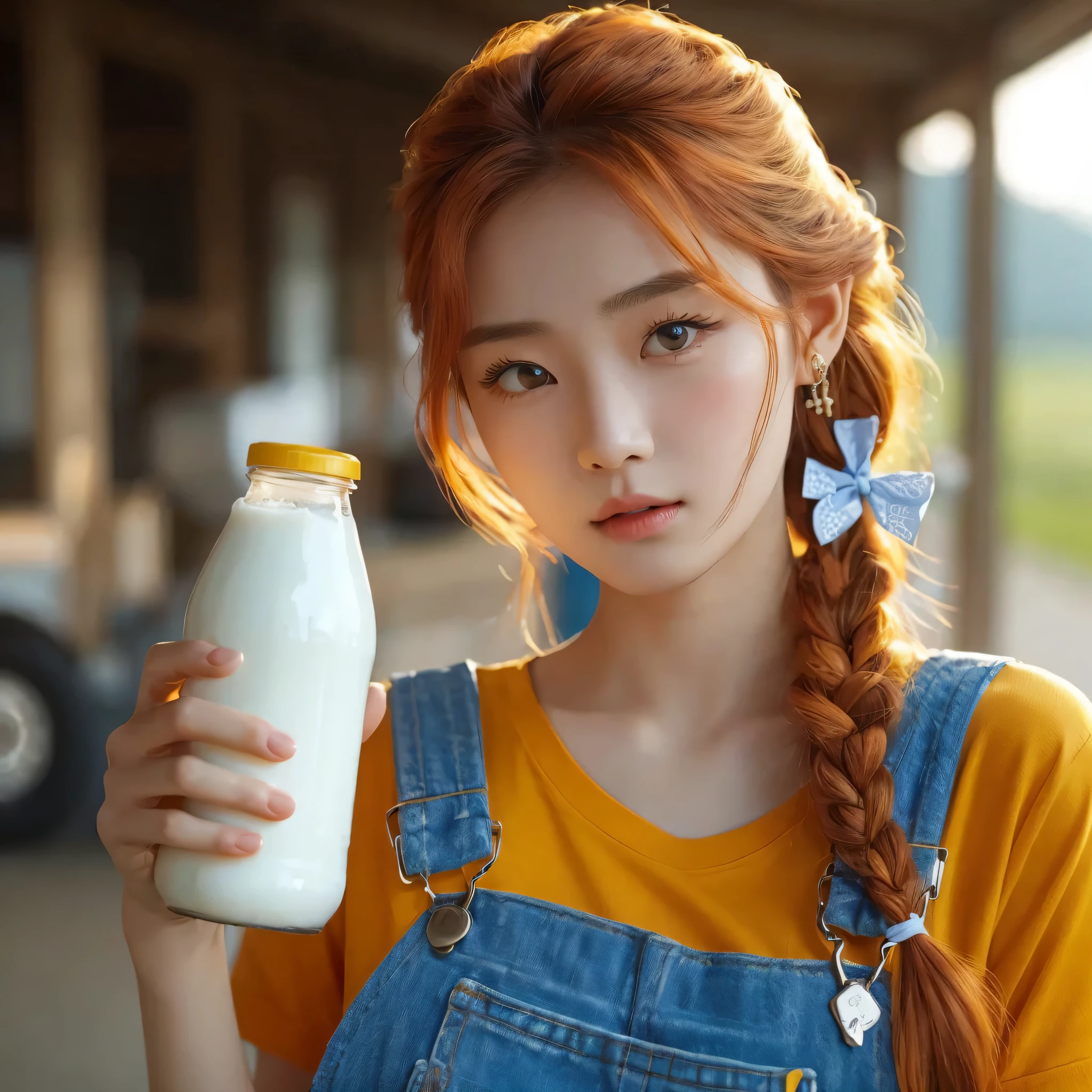 realistic korean teen beauty wearing Blue works overalls clothes with yellow shirt, Her orange ponytail hair is braided and tied with a white ribbon , holding a bottle of milk , half body, background on a farm, daylight, realistic light, realistic shadow, realism, hyper realistic, photography