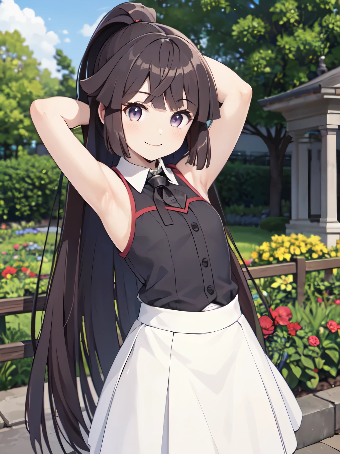 Super detailed, High resolution,[8k images:1.15],garden、全体的にlong hair、1 girl, smile, akatsuki_loghorizon, long hair, brown hair、bright eyes、gothic lolita clothing、arms behind、Cute skirt、skirt, white skirt、absolute reference to center