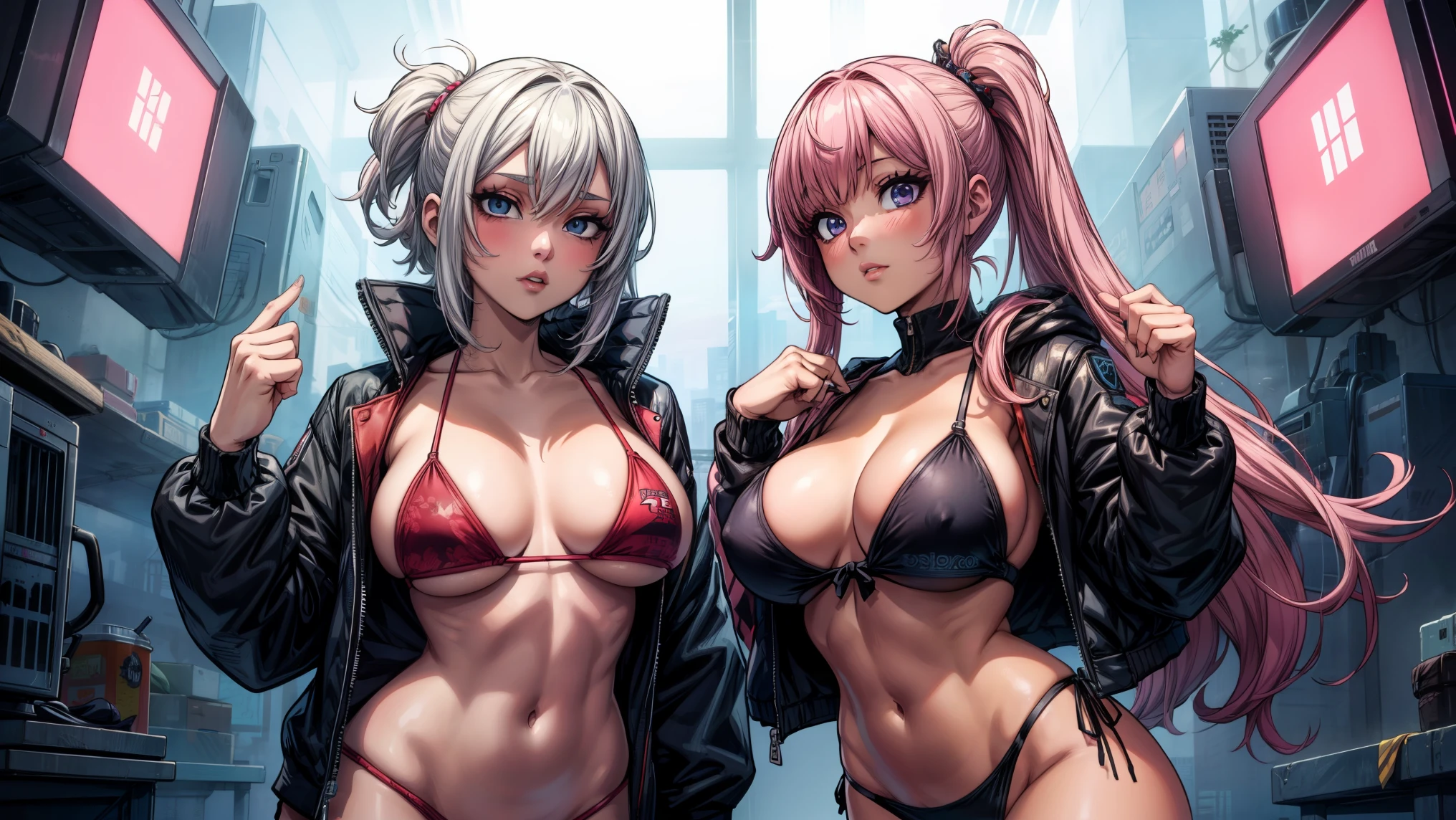 anime girl with medium boos posing in a bikini and jacket, (sfw) safe for work, thicc, top rated on pixiv, oppai cyberpunk, oppai, seductive anime girl, trending on cgstation, commission for high res, popular on pixiv, trending at cgstation, with a large breasts, haruno sakura