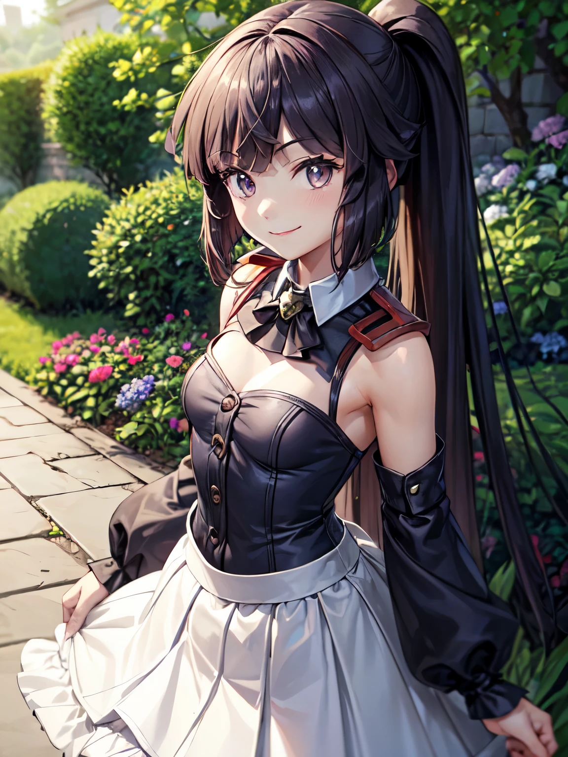 Super detailed, High resolution,[8k images:1.15],garden、全体的にlong hair、1 girl, smile, akatsuki_loghorizon, long hair, brown hair、bright eyes、open-chested clothes、gothic lolita clothing、Cute skirt、skirt, white skirt、absolute reference to center