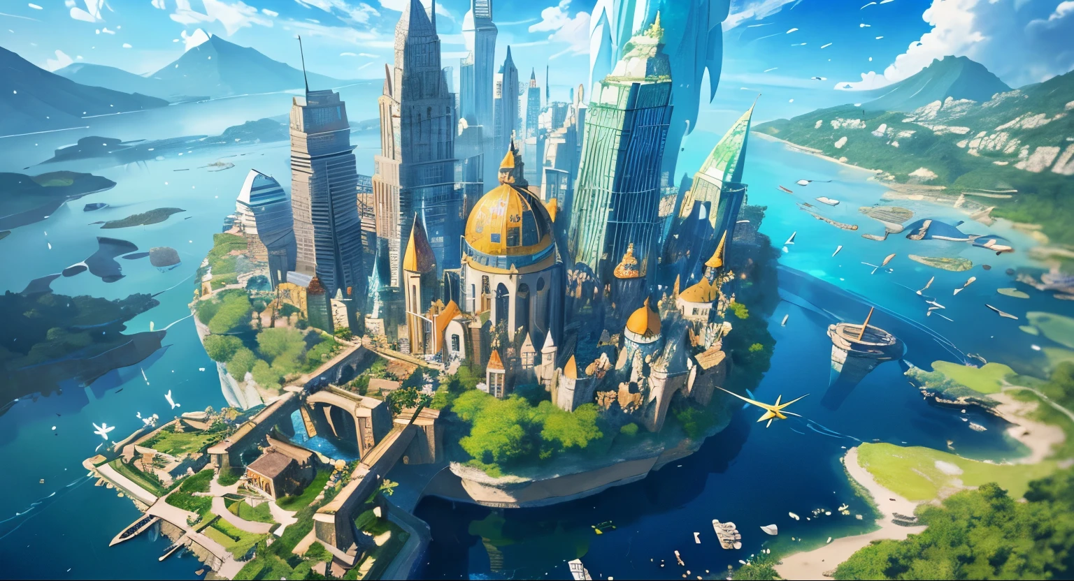 highreaterpiece)), ((4k)), best quality:1.2, cinematic lighting:0.9, amazing shadows, caravaggio style shadowing, ((amazing perspective:1.2)),
BREAK
depict a magical floating city in the sky, surrounded by sun and clouds, (vivid, colorful small island floating around), complex glass buildings:1.2, warm ambiance, iridescent light, ((green plants and colorful trees growing around)), ((amazing light, kaleidoscope)), fantasy art, official gme art, concept art:1.2
BREAK
depict a beautiful glass city with birds flying in the blue sky. create flags with a logo on it representing the city. gives this image a sense of traveling, and inspiration.