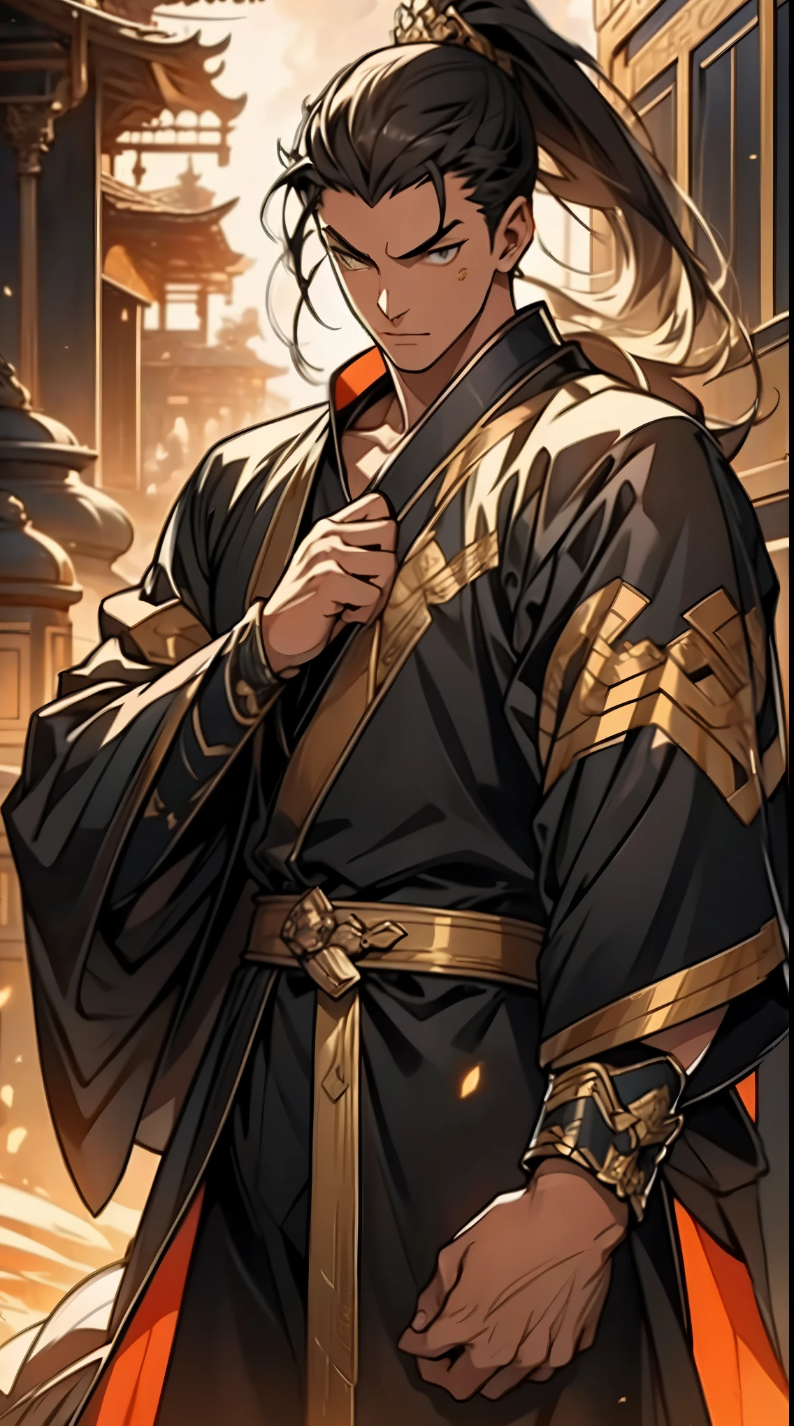Two dimensions,anime style,one person(male warrior),proportions are correct,facial details,swordsman,high ponytail hairstyle,neck detail,Have an Adam's apple,Black and gold robe,joke,Black and gold robe,clothing details,Hand over,long sleeves,Game quality,fencing,Ray tracing,Ray tracing,Detailed glow,CG rendering,hair details,Long black and blond hair,Black-gold eyes,Handsome,Handsome,(Youthful feeling),Costumes are complicated,Perfect composition,refine,high quality,higher details,many details,Complex background,a sense of atmosphere,