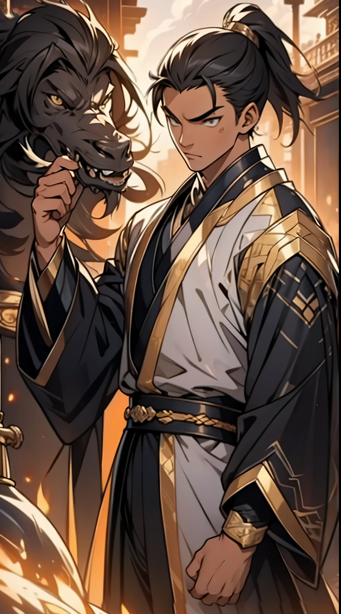 Two dimensions,anime style,one person(male warrior),proportions are correct,facial details,swordsman,high ponytail hairstyle,neck detail,Have an Adam's apple,Black and gold robe,joke,Black and gold robe,clothing details,Hand over,long sleeves,Game quality,fencing,Ray tracing,Ray tracing,Detailed glow,CG rendering,hair details,Long black and blond hair,Black-gold eyes,Handsome,Handsome,(Youthful feeling),Costumes are complicated,Perfect composition,refine,high quality,higher details,many details,Complex background,a sense of atmosphere,