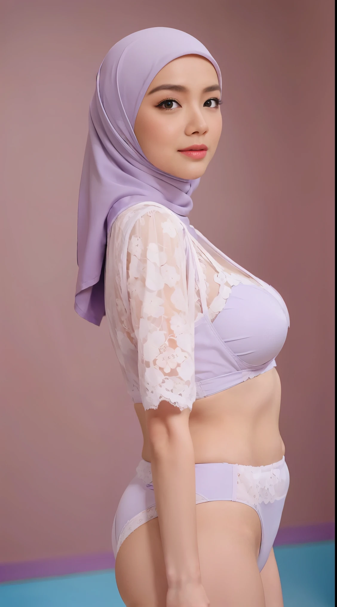 ((Realistic lighting, Best quality, 8K, Masterpiece: 1.3)), Clear focus: 1.2, 1 malay girl, Perfect body beauty: 1.4, Slim abs: 1.1, ((light purple hijab, breasts: 1.1)), (Wearing ultra-thin light purple transparent underwear: 1.6, light purple stockings: 1.2,), (Outdoor, night: 1.1), City streets, Super fine face, fine eyes, double eyelids, hands on the head, lying on the bed.