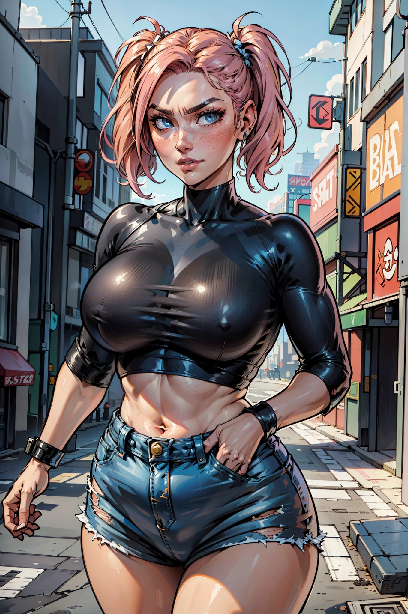 Close up of an supermodel woman face, at a busy cluttered city street background, daytime, pale blue eyes, detailed short pink hair with pigtails and shaved sides haircut, freckles, blushing, pouting expression, single eyebrow raised, eye shadow, black lipstick, pierced eyebrow, big tits, wearing a loose baggy tshirt crop top, looking to the side, comic book style, flat shaded, prominent comic book outline linework