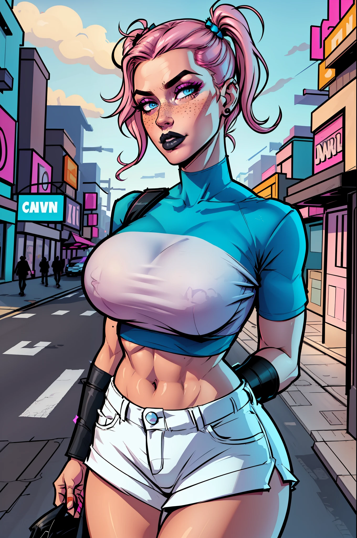 Close up of an supermodel woman face, at a busy cluttered city street background, daytime, pale blue eyes, detailed short pink hair with pigtails and shaved sides haircut, freckles, blushing, pouting expression, single eyebrow raised, eye shadow, black lipstick, pierced eyebrow, big tits, wearing a loose baggy tshirt crop top, looking to the side, comic book style, flat shaded, prominent comic book outline linework