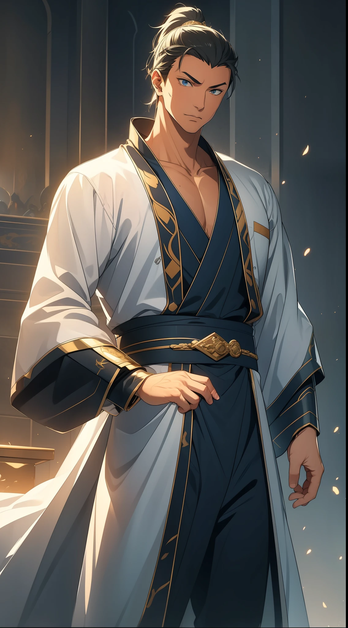 Two dimensions，anime style，one person（male warrior），proportions are correct，facial details，swordsman，high ponytail hairstyle，neck detail，Have an Adam&#39;s apple，white robe，joke，white robe，clothing details，transfer，long sleeves，Game quality，fencing，Ray tracing，Ray tracing，Detailed glow，CG rendering，hair details，long black hair，blue eyes，Handsome，Handsome，（Youthful feeling），Costumes are complicated，Perfect composition，Refinement，high quality，higher details，many details，Complex background，a sense of atmosphere，