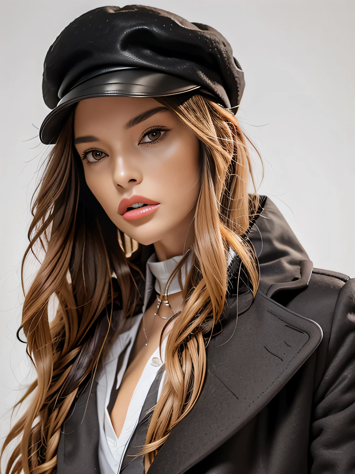 arafed woman wearing a black hat and Coat with a white shirt, newsboy cap, wearing newsboy cap, big beret, in Hat, Wearing a beret, Black beret, wear a french beret, Berets, black pointed hat, in Hat-треуголке, in a necklace and a cute hat, in a strange hat, Coat